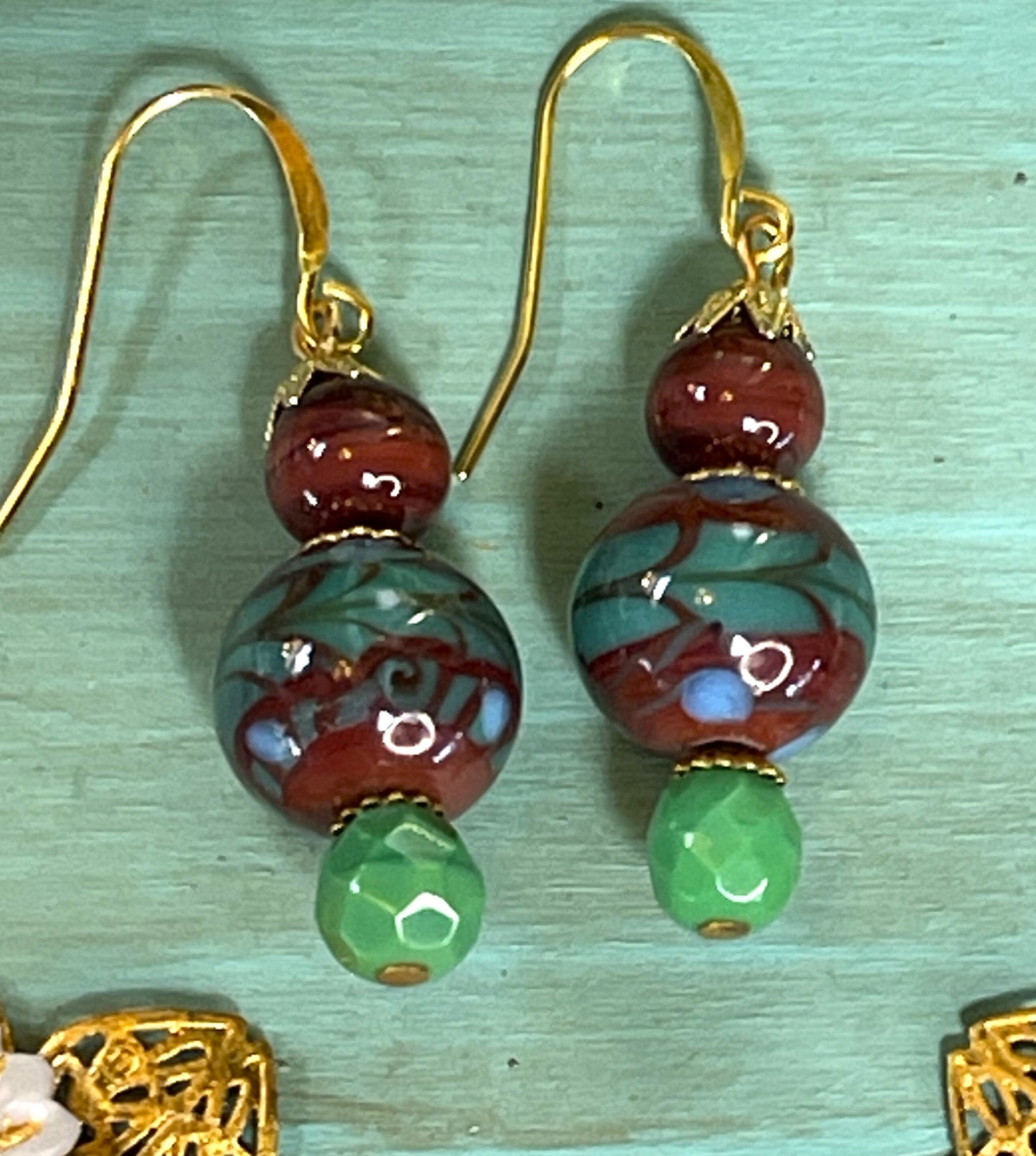 Vintage Glass Bead Earrings, Green Blue, and Dark Red Vintage Glass. Hypoallergenic French Earring Hooks, Gold Plated Wire.