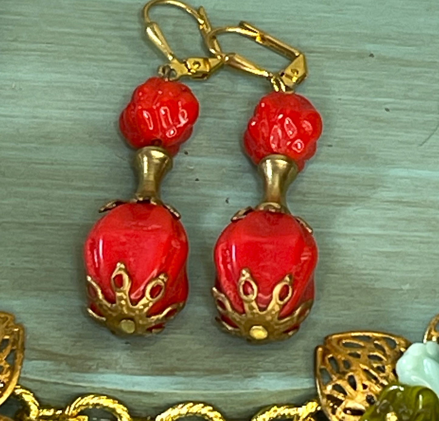 Vintage Glass Bead Earrings, Red Vintage Glass with Brass. Hypoallergenic Earring Hooks Gold Plated Brass.
