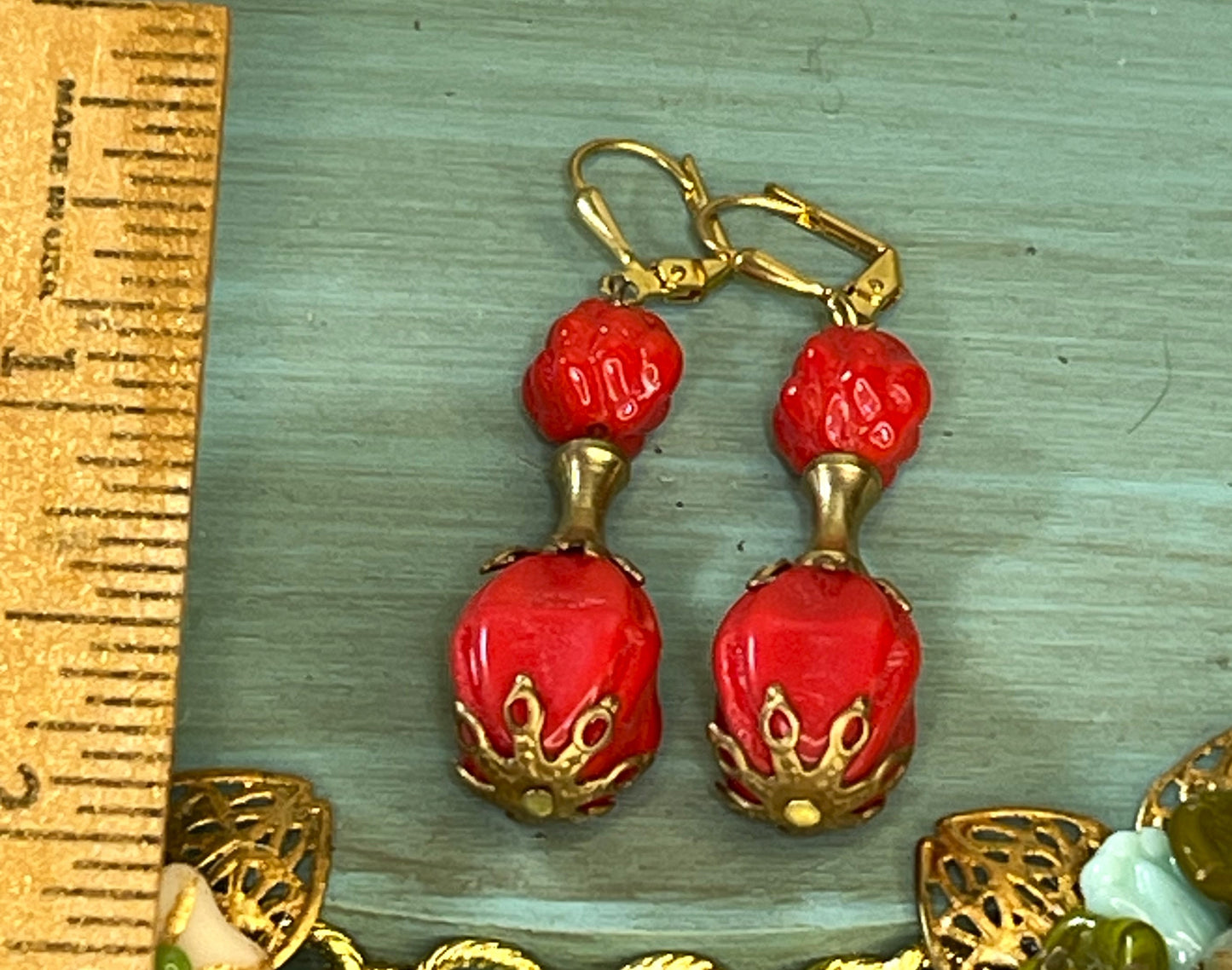 Vintage Glass Bead Earrings, Red Vintage Glass with Brass. Hypoallergenic Earring Hooks Gold Plated Brass.