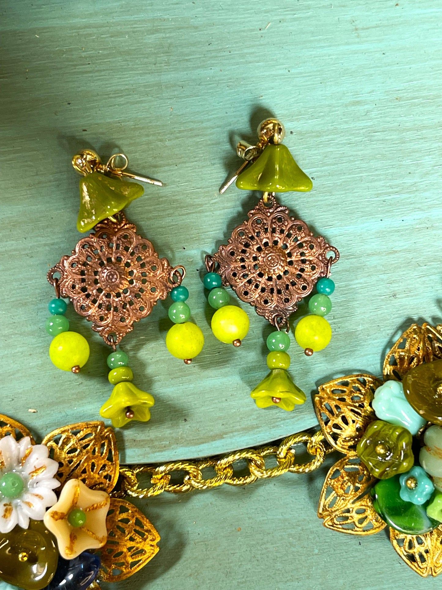 Vintage Glass Bead Earrings, Green Glass with Copper Plated Brass. Hypoallergenic Posts, Gold Plated Brass.