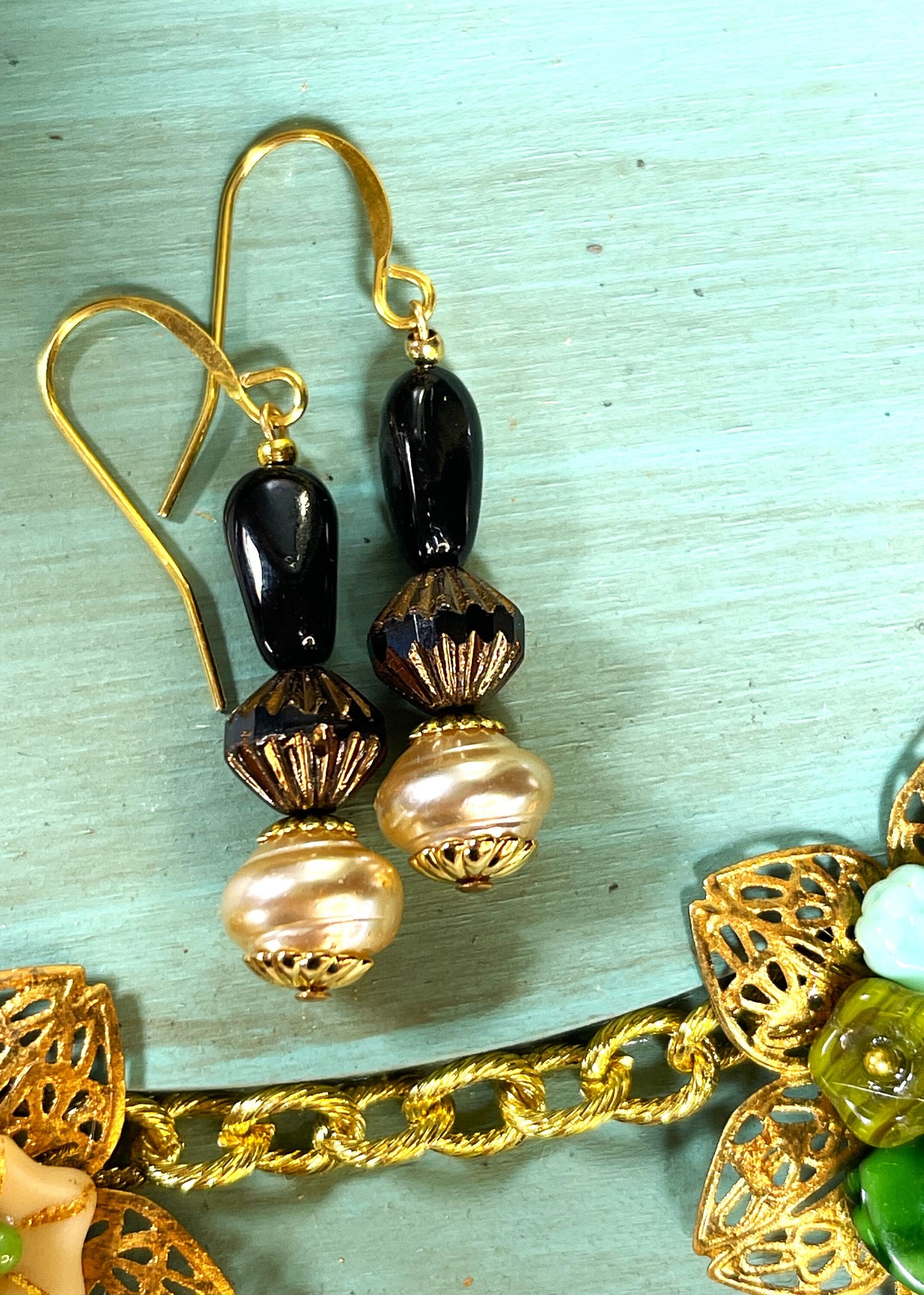 Vintage Glass Bead Earrings, Vintage Glass Pearls, and Black Glass. Hypoallergenic French Earring Hooks, Gold Plated Wire..