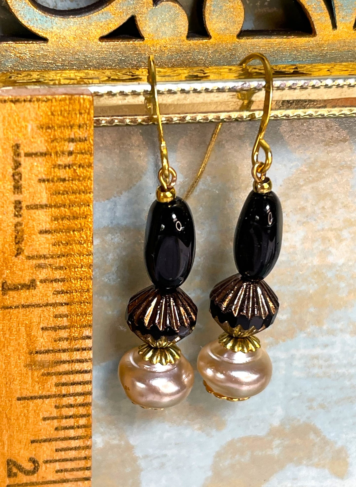 Vintage Glass Bead Earrings, Vintage Glass Pearls, and Black Glass. Hypoallergenic French Earring Hooks, Gold Plated Wire..