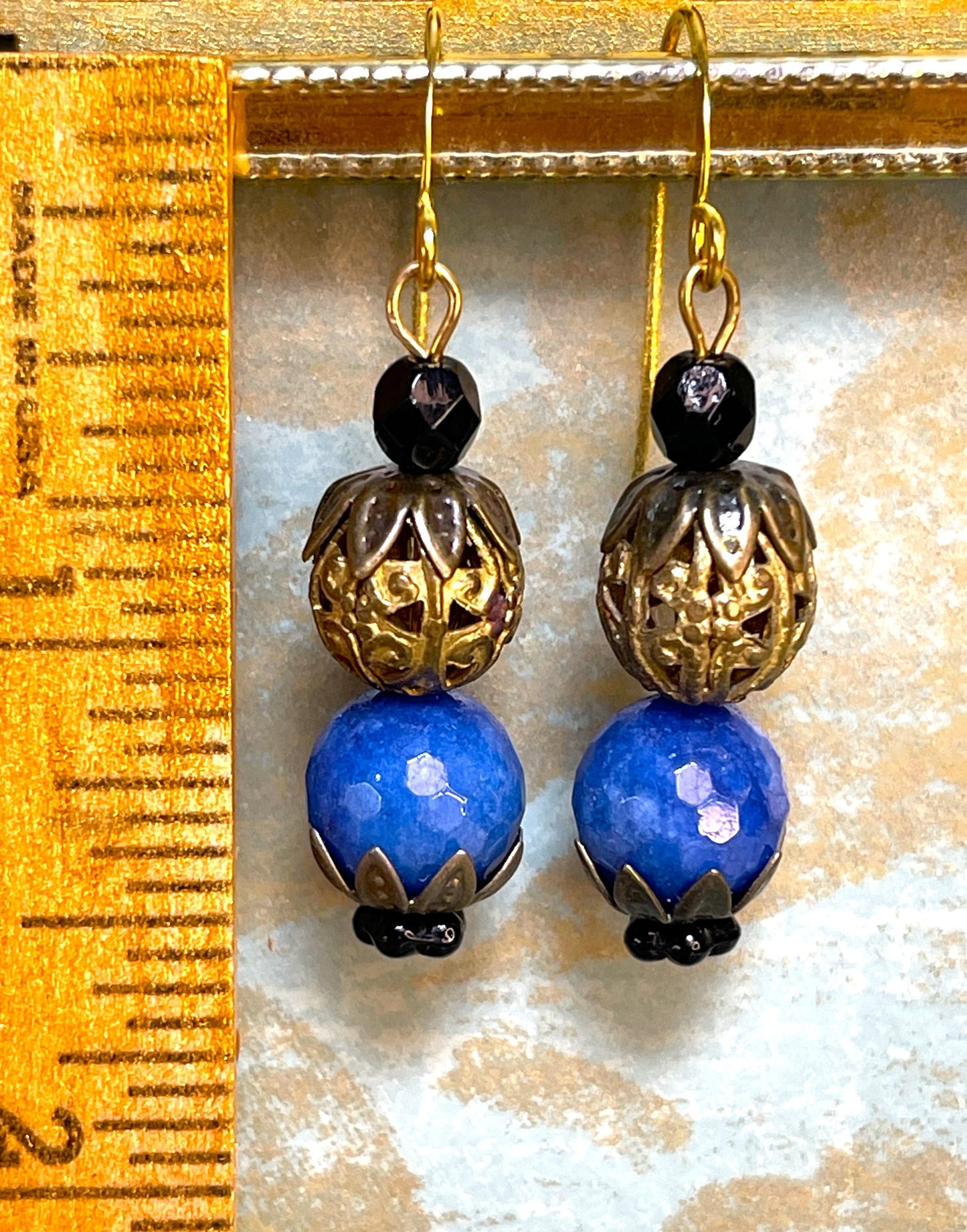Vintage Glass Bead Earrings, Vintage Blue Glass, and Brass. Hypoallergenic French Earring Hooks, Gold Plated Wire.