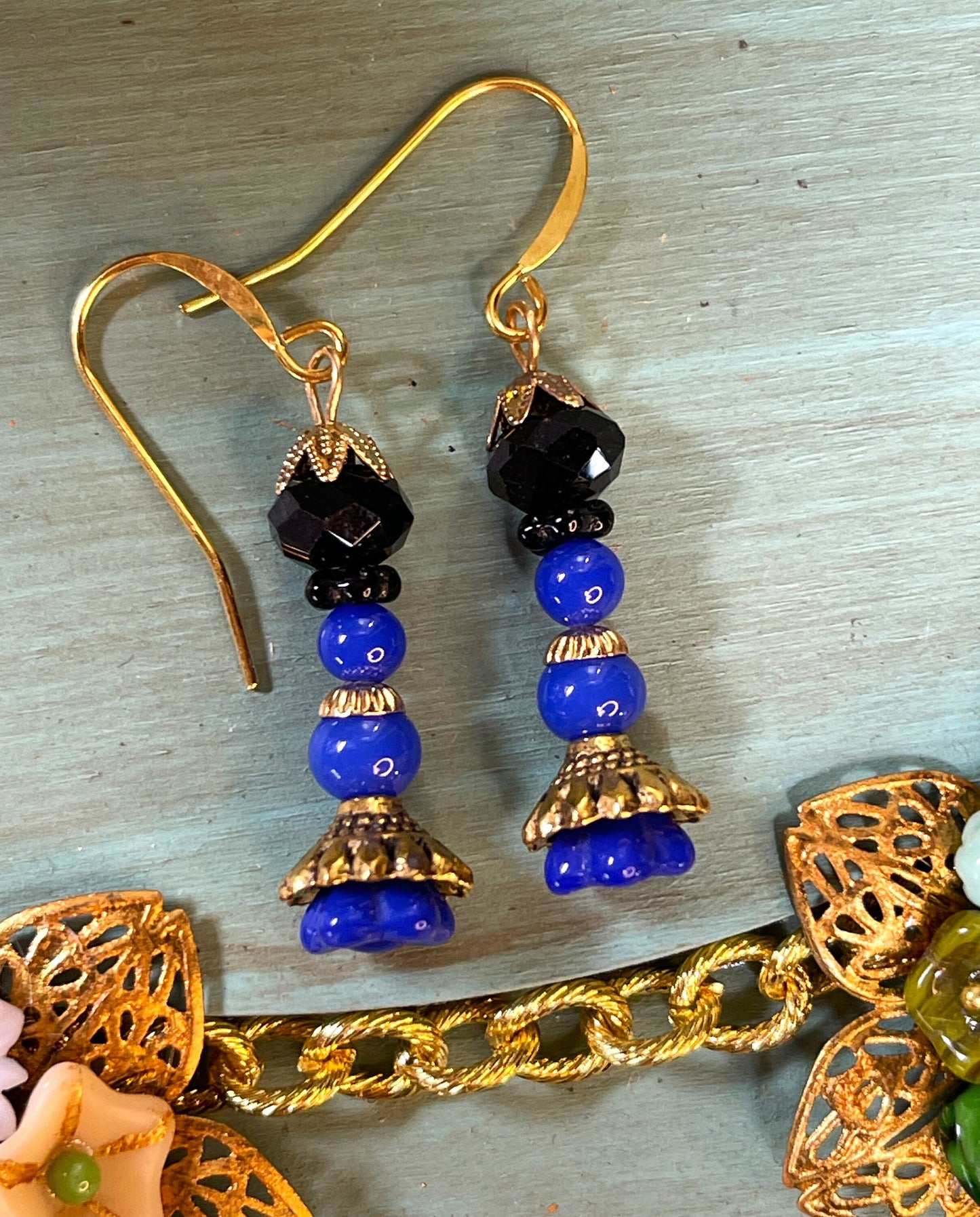 Glass Bohemian Earrings, Black Vintage Beads with Blue Glass. Hypoallergenic French Earring Hooks, Gold Plated Wire.