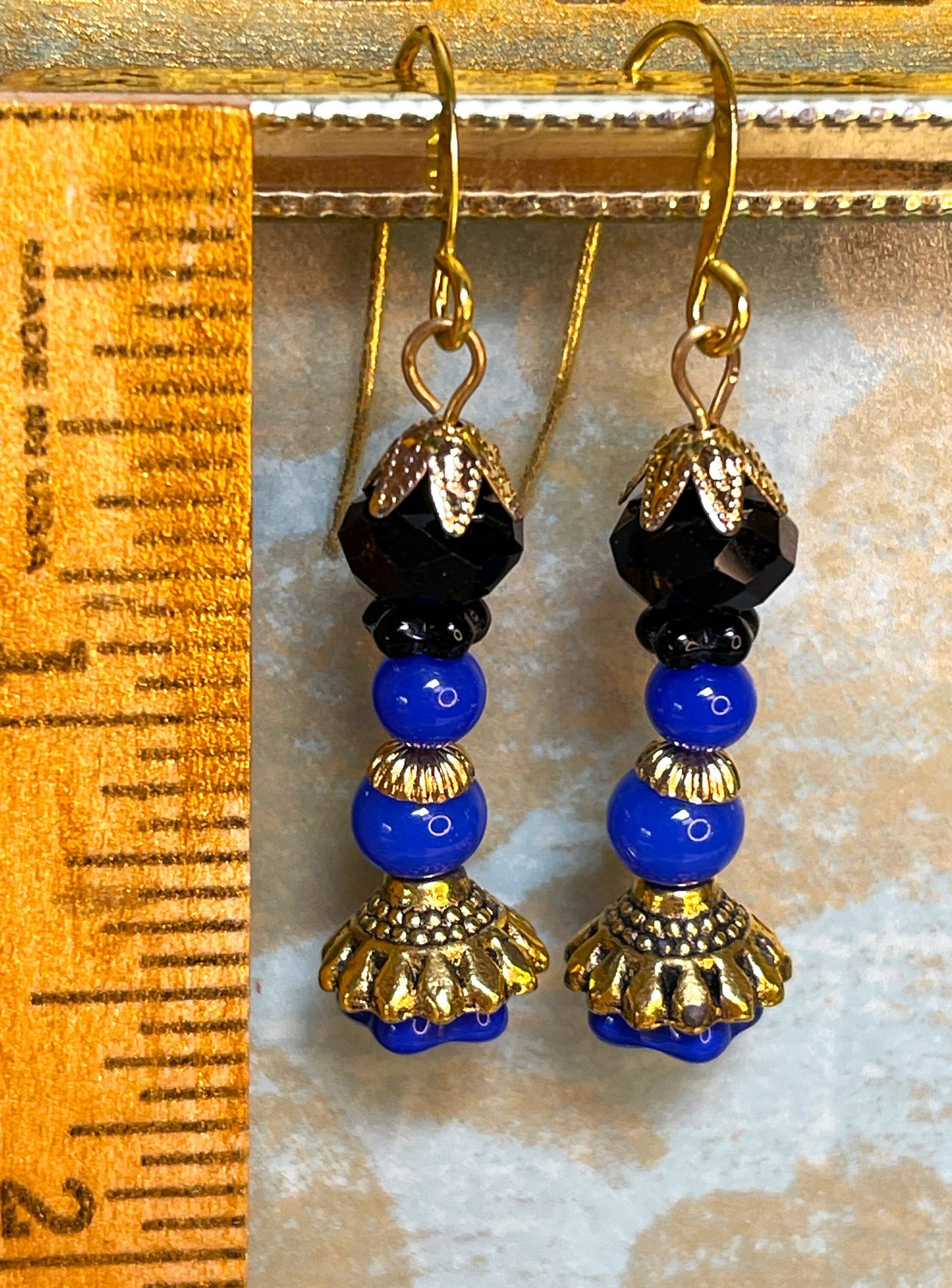 Glass Bohemian Earrings, Black Vintage Beads with Blue Glass. Hypoallergenic French Earring Hooks, Gold Plated Wire.
