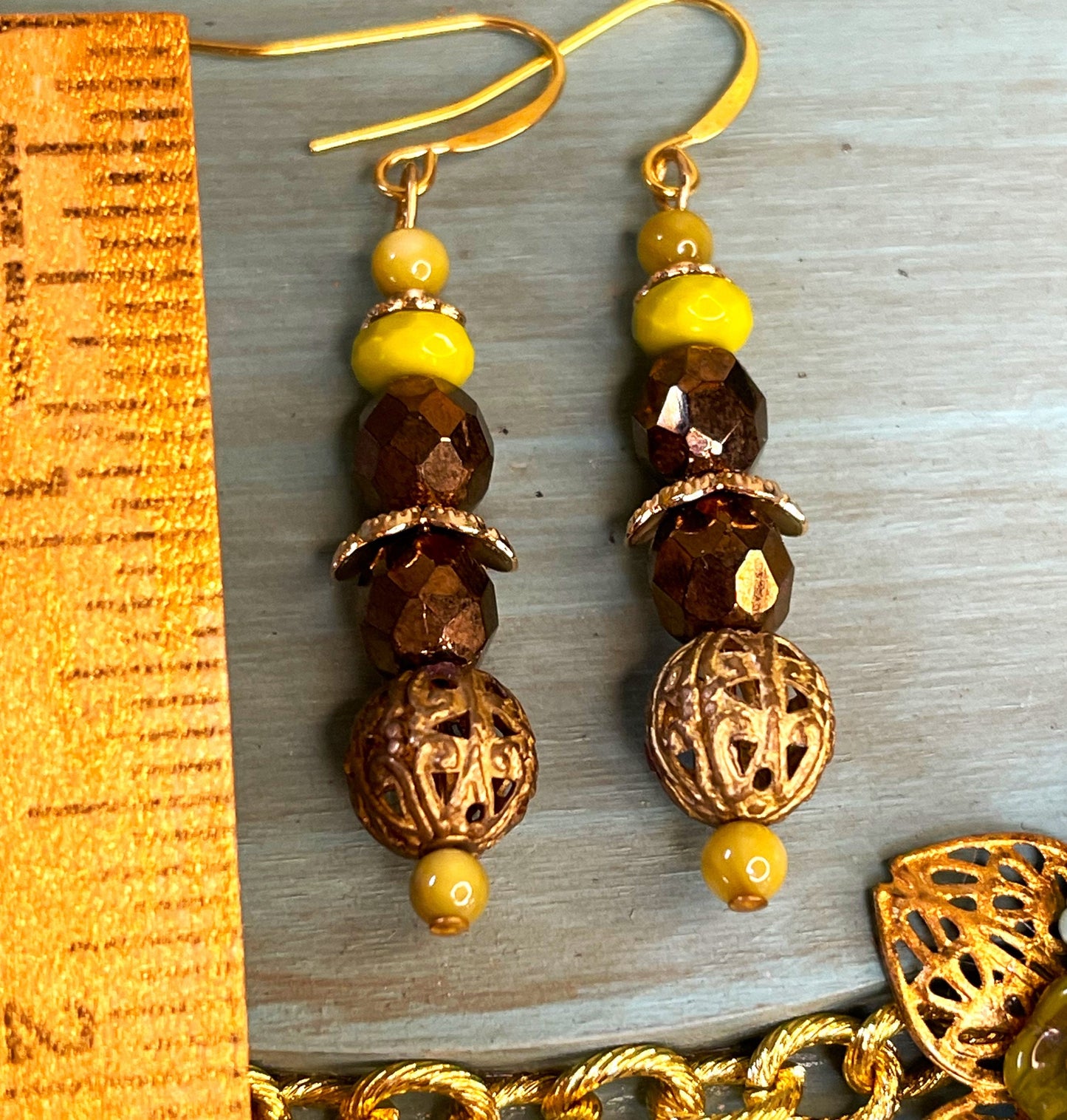 Vintage Glass Bead Earrings, Vintage Brass with Apple Green and Bronze Czech Glass. The green looks yellow in the photo.