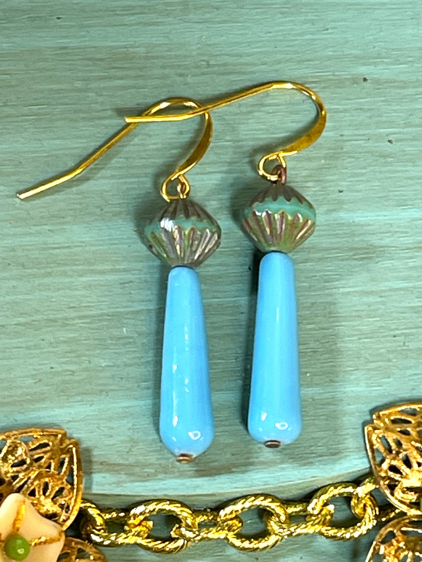 Vintage Glass Bead Earrings, Vintage Blue Glass with Czech Glass. Hypoallergenic French Earring Hooks, Gold Plated Wire.