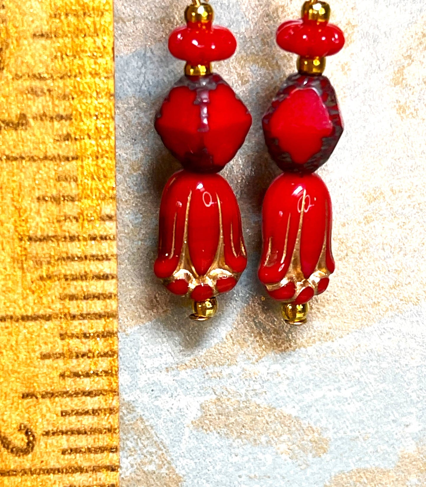 Glass Bohemian Earrings, Red Czech Glass. Hypoallergenic French Earring Hooks, Gold Plated Wire..
