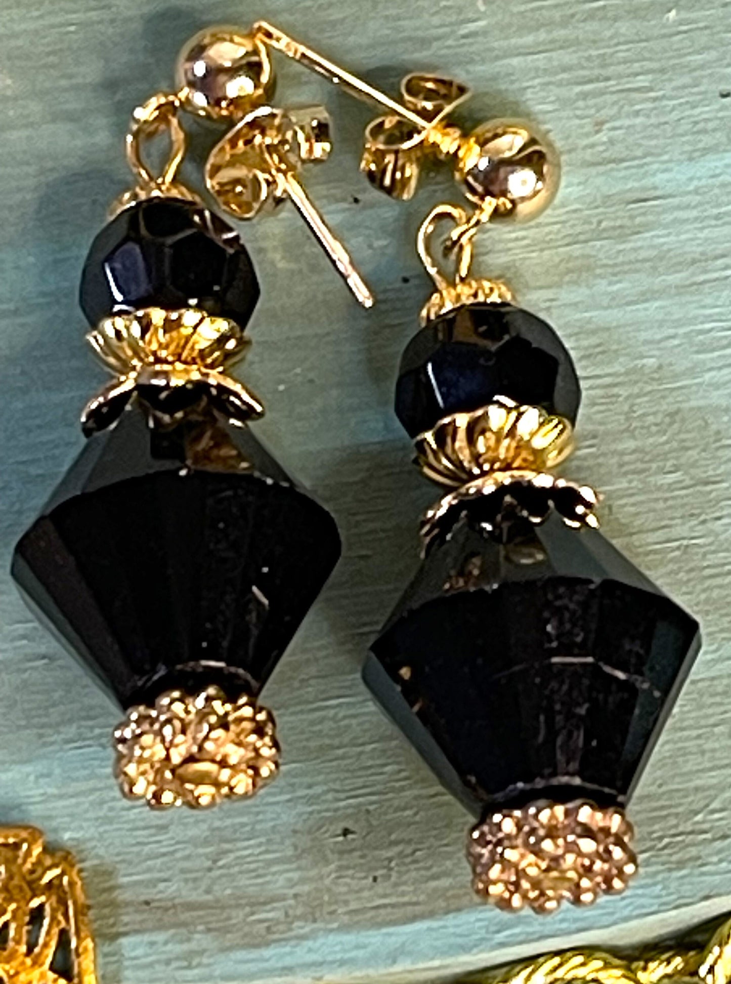Vintage Glass Bead Earrings, Black Czech Glass with Etched Beads. Hypoallergenic Posts, Gold Plated Brass