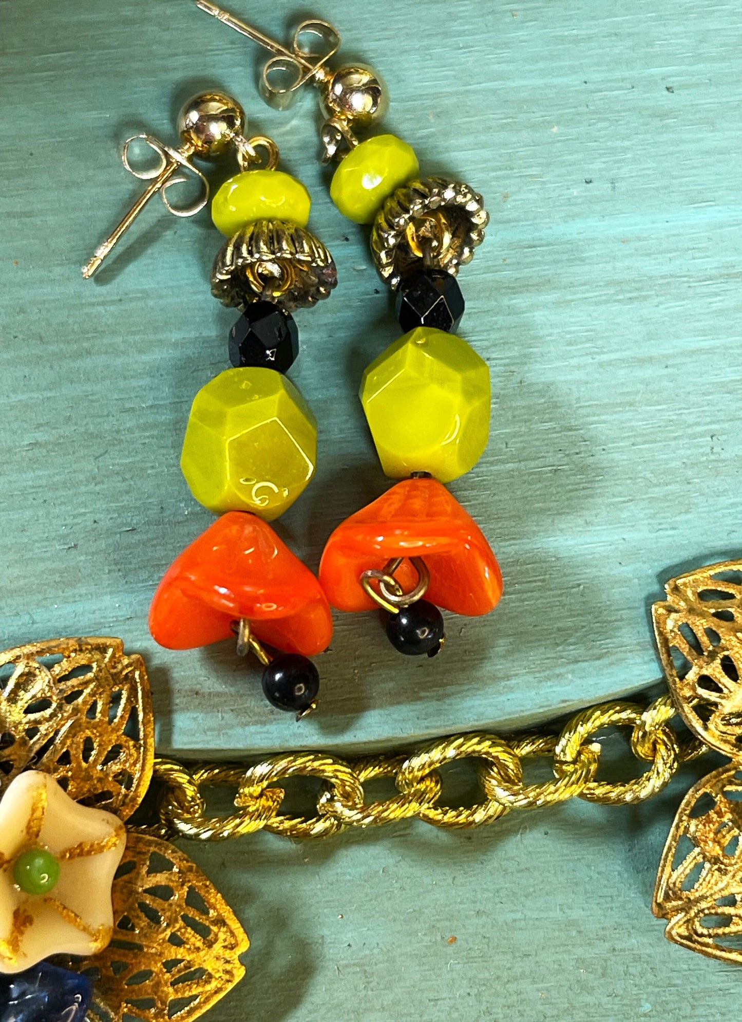 Green Apple and Orange Czech Glass Earrings. Hypoallergenic Post Earring Wire Gold Plated Brass