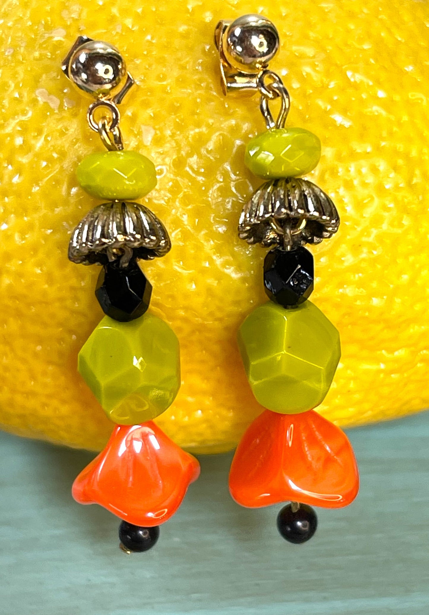 Green Apple and Orange Czech Glass Earrings. Hypoallergenic Post Earring Wire Gold Plated Brass