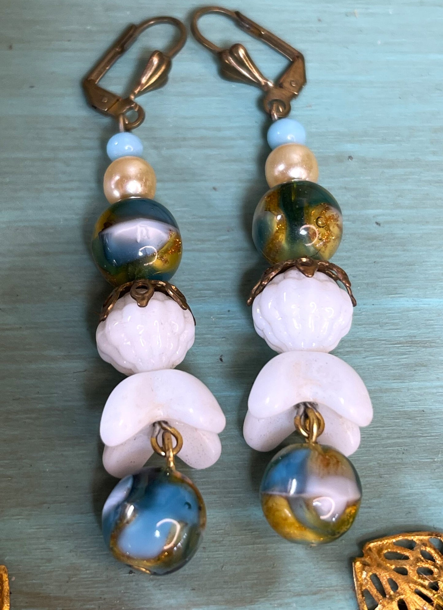 Lovely Marbled Green and white Vintage Glass Bead Earrings With White Flowers. Hypoallergenic French Earring Hooks, Gold Plated Wire.