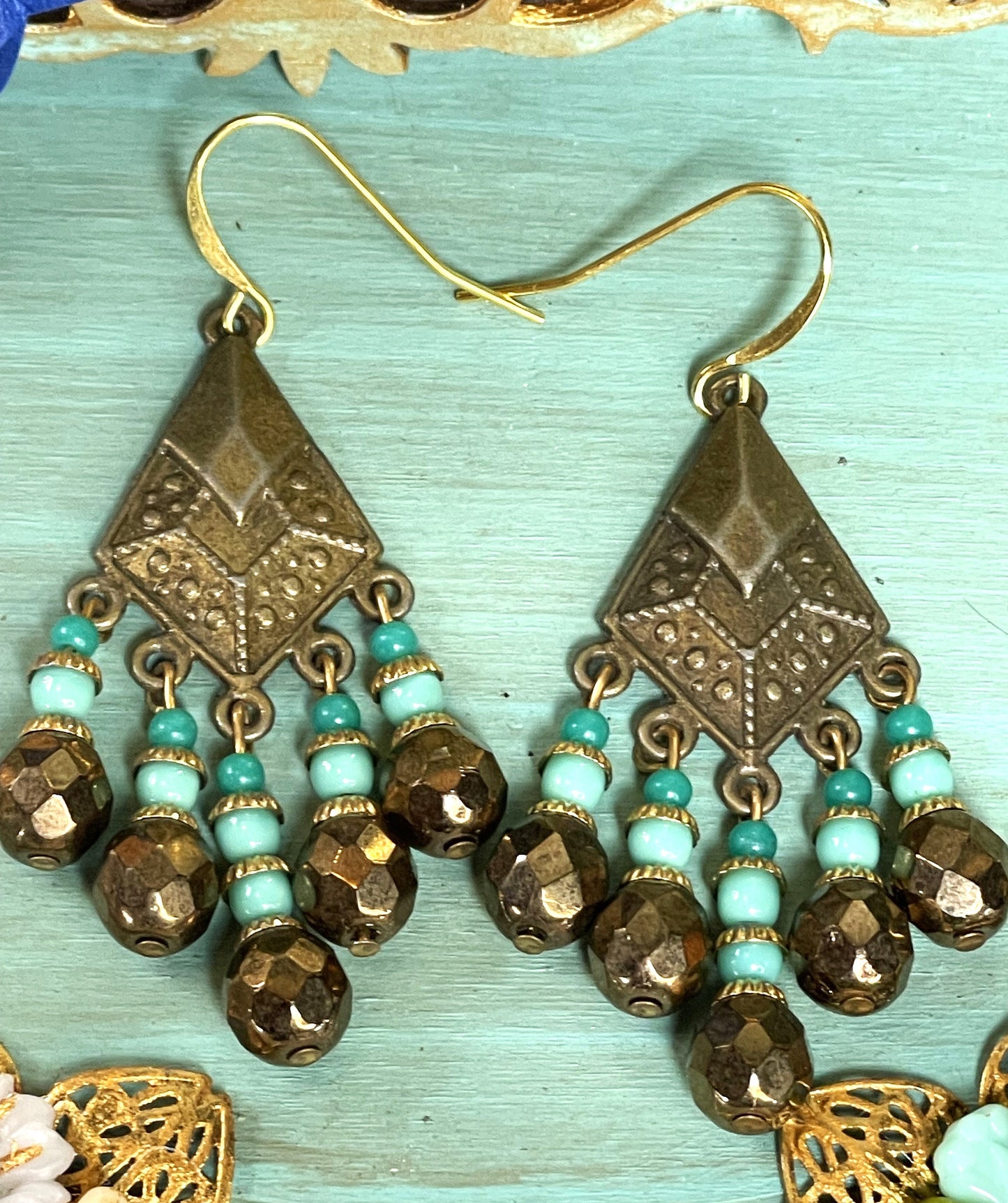 Blue, Bronze, and Gold Czech Glass Deco-Style Earrings. Hypoallergenic French Earring Hooks, Gold Plated Wire.