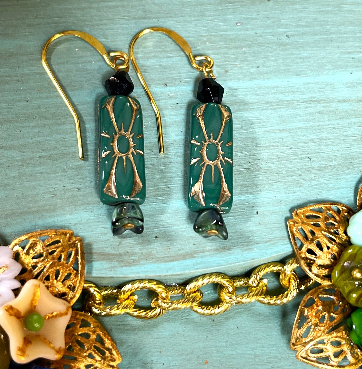 Vintage Hunter Green and Gold Eched Czech Glass Earrings. Hypoallergenic French Earring Hooks, Gold Plated Wire.