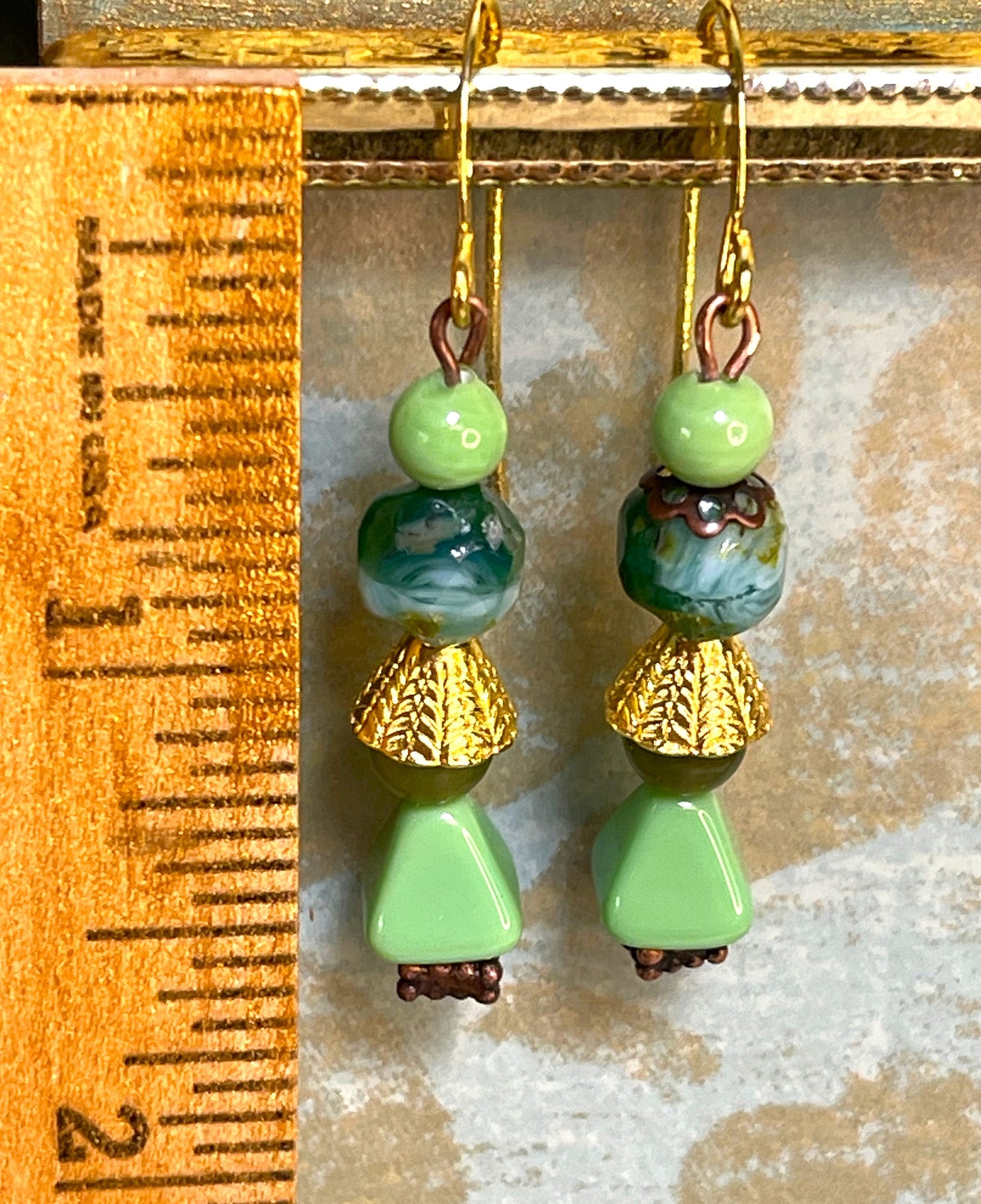 Vintage Green Pyramid beads with Jade Glass and Gold Metal. Hypoallergenic French Earring Hooks, Gold Plated Wire.