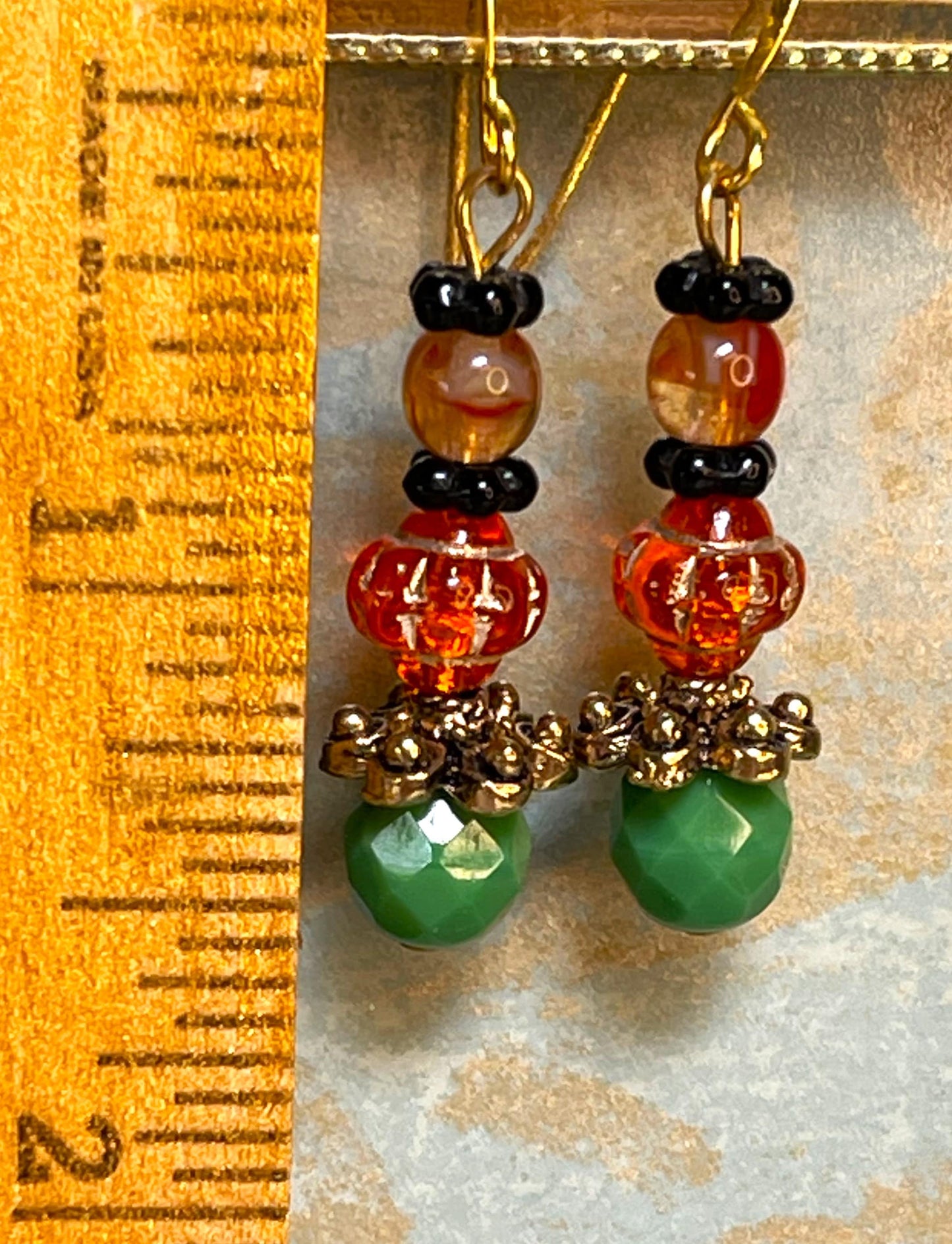 Vintage Orange and Green beads, With Black Czech Glass and Gold Metal Earrings. Hypoallergenic French Earring Hooks, Gold Plated Wire.