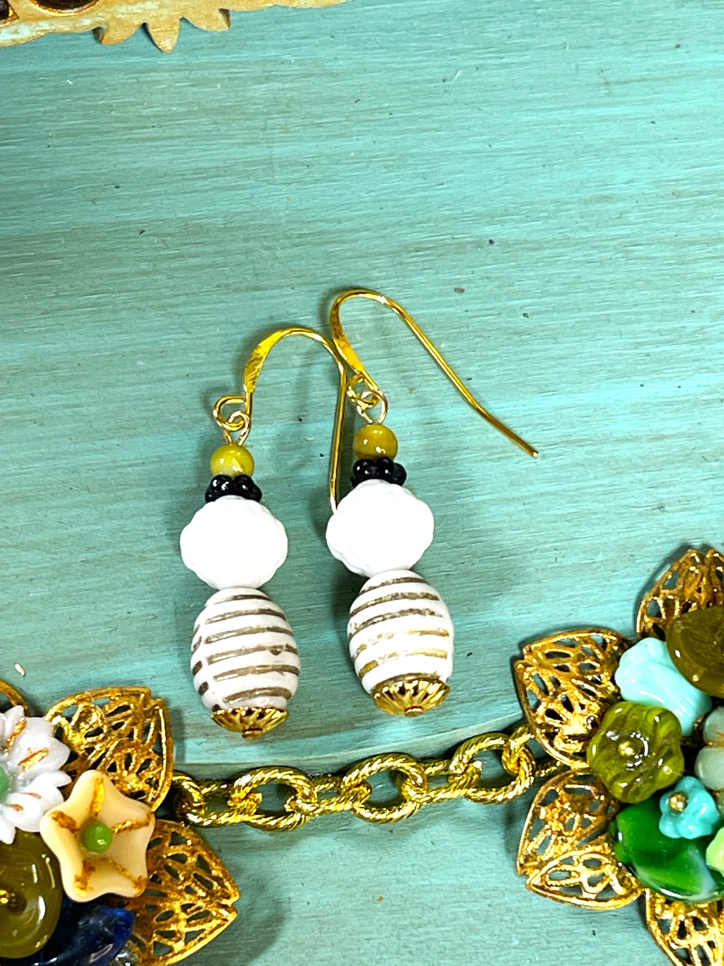 White Striped Gold Glassearrings, with Gold Metal Findings. Hypoallergenic French Earring Hooks, Gold Plated Wire.