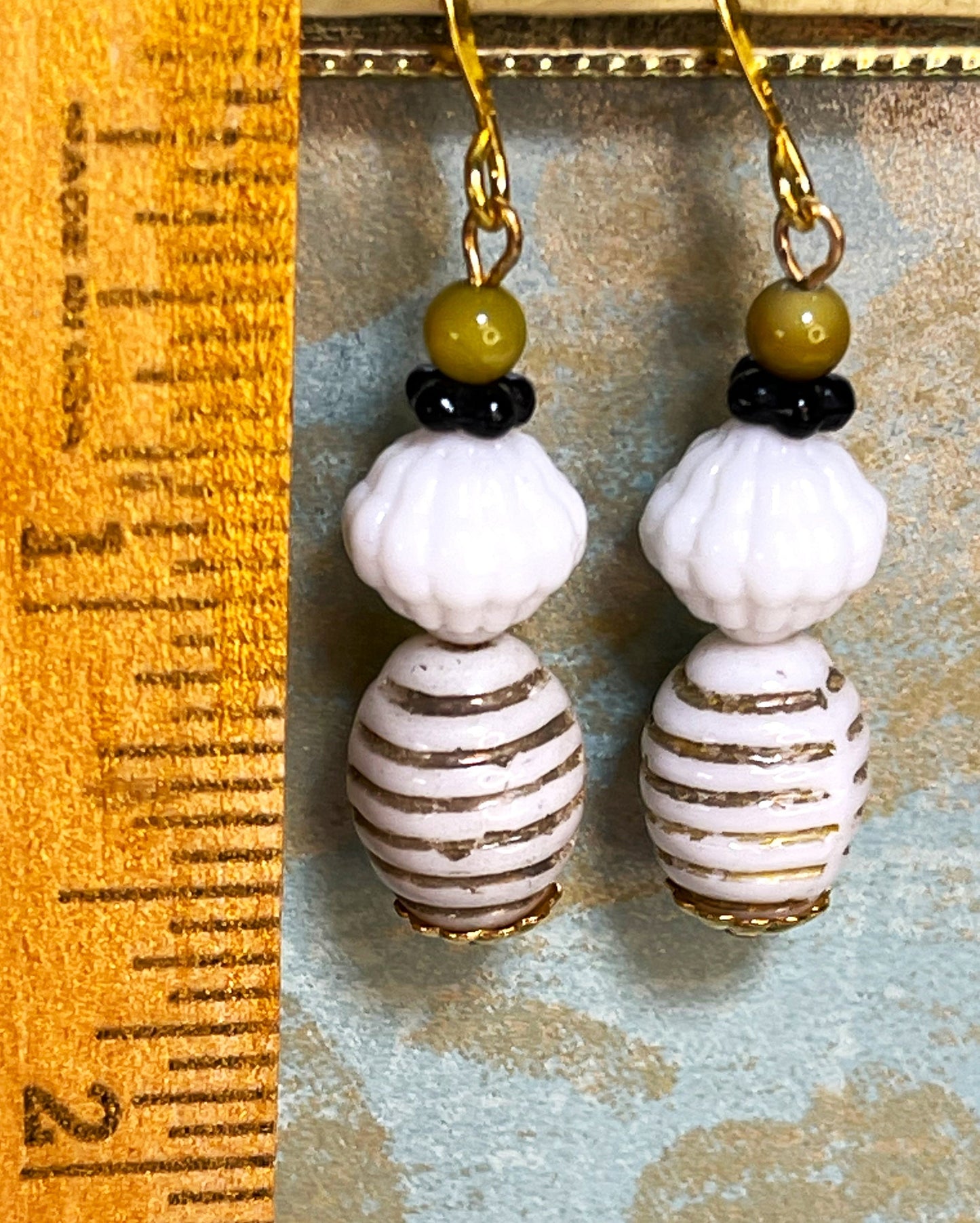 White Striped Gold Glassearrings, with Gold Metal Findings. Hypoallergenic French Earring Hooks, Gold Plated Wire.