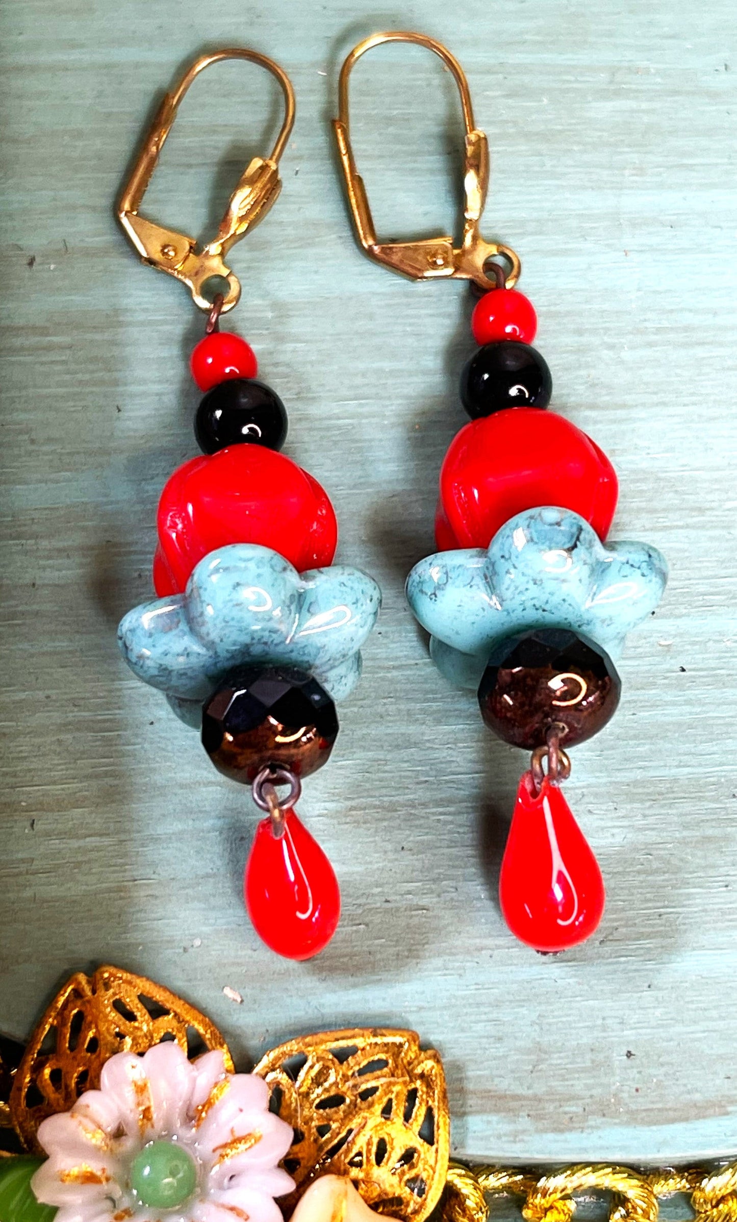 Earrings, Vintage Red, Turquoise Flowers and Black Glass with Red Glass Drops. Hypoallergenic French Earring Hooks, Gold Plated Wire.