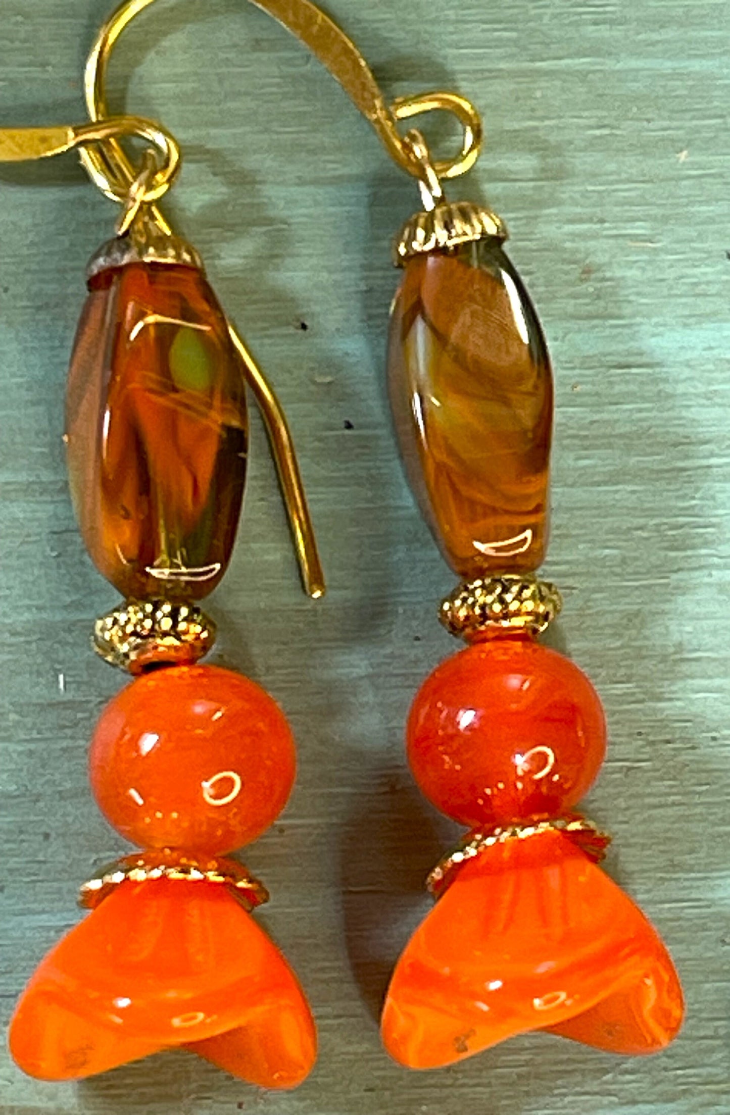 Orange Glass Flower Earrings with Gold Metal. Hypoallergenic French Earring Hooks, Gold Plated Wire.