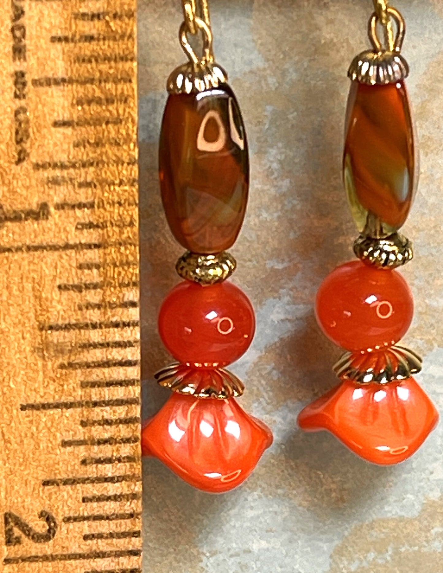 Orange Glass Flower Earrings with Gold Metal. Hypoallergenic French Earring Hooks, Gold Plated Wire.