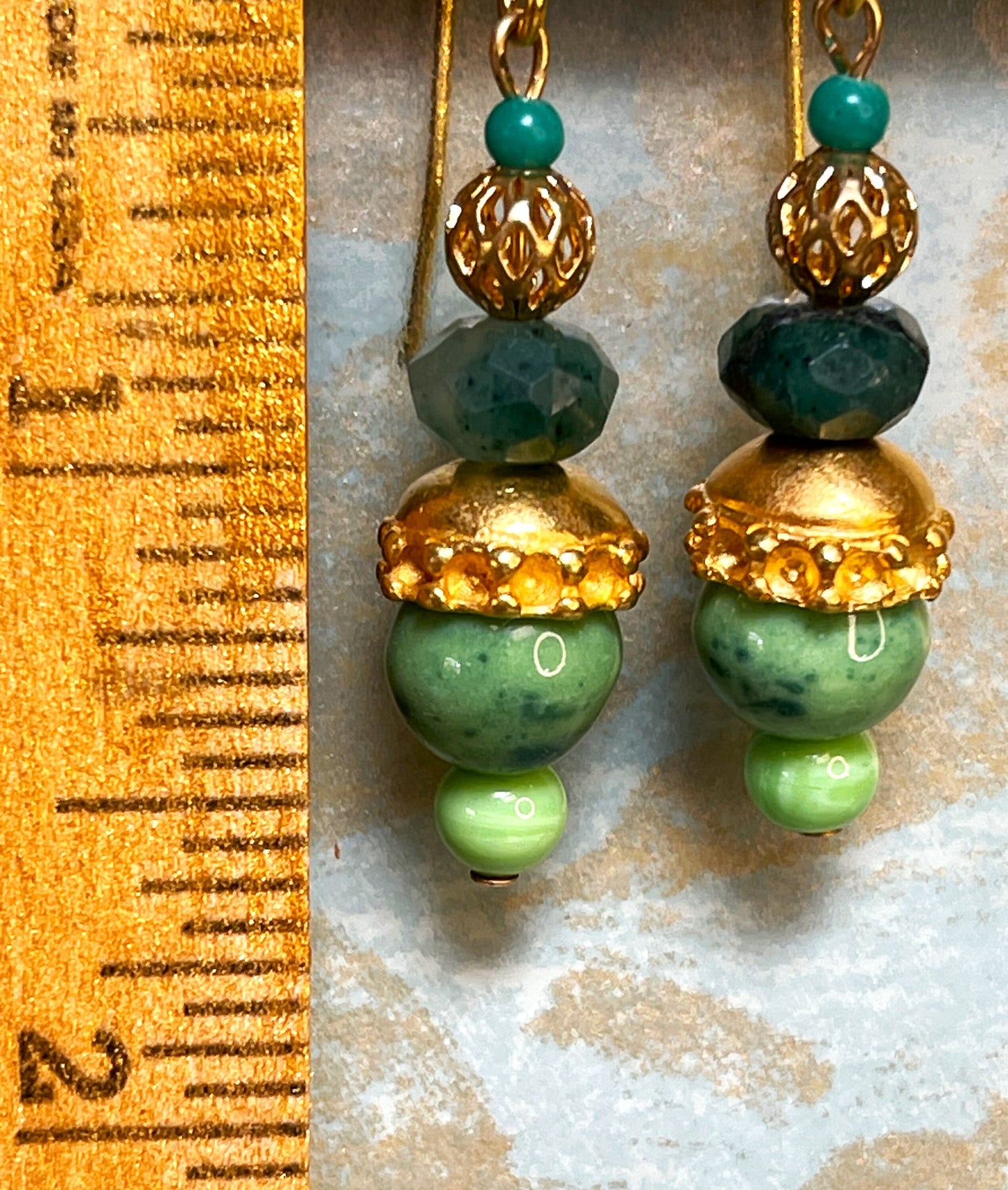 Vintage Green Glass with Gold Metal. Hypoallergenic French Earring Hooks, Gold Plated Wire.