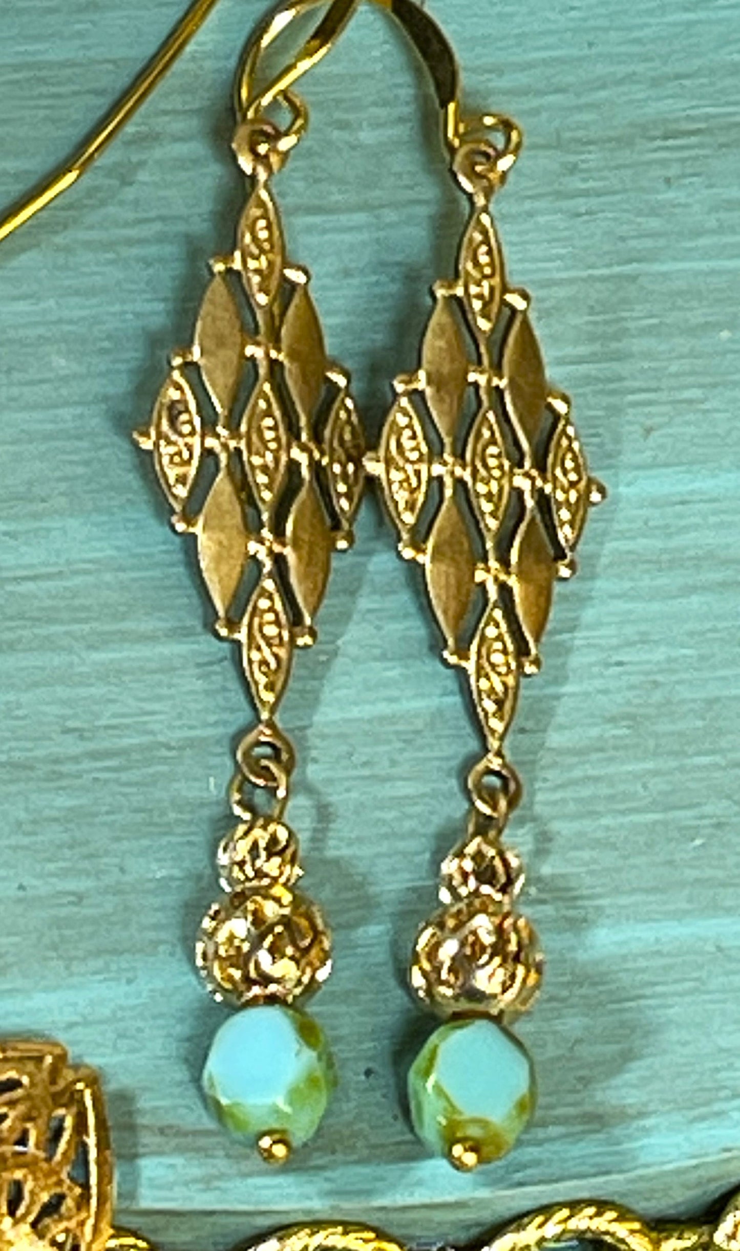 Turquoise Czech Glass Beads with Vintage Gold Metal. Earrings. Hypoallergenic French Earring Hooks, Gold Plated Wire.