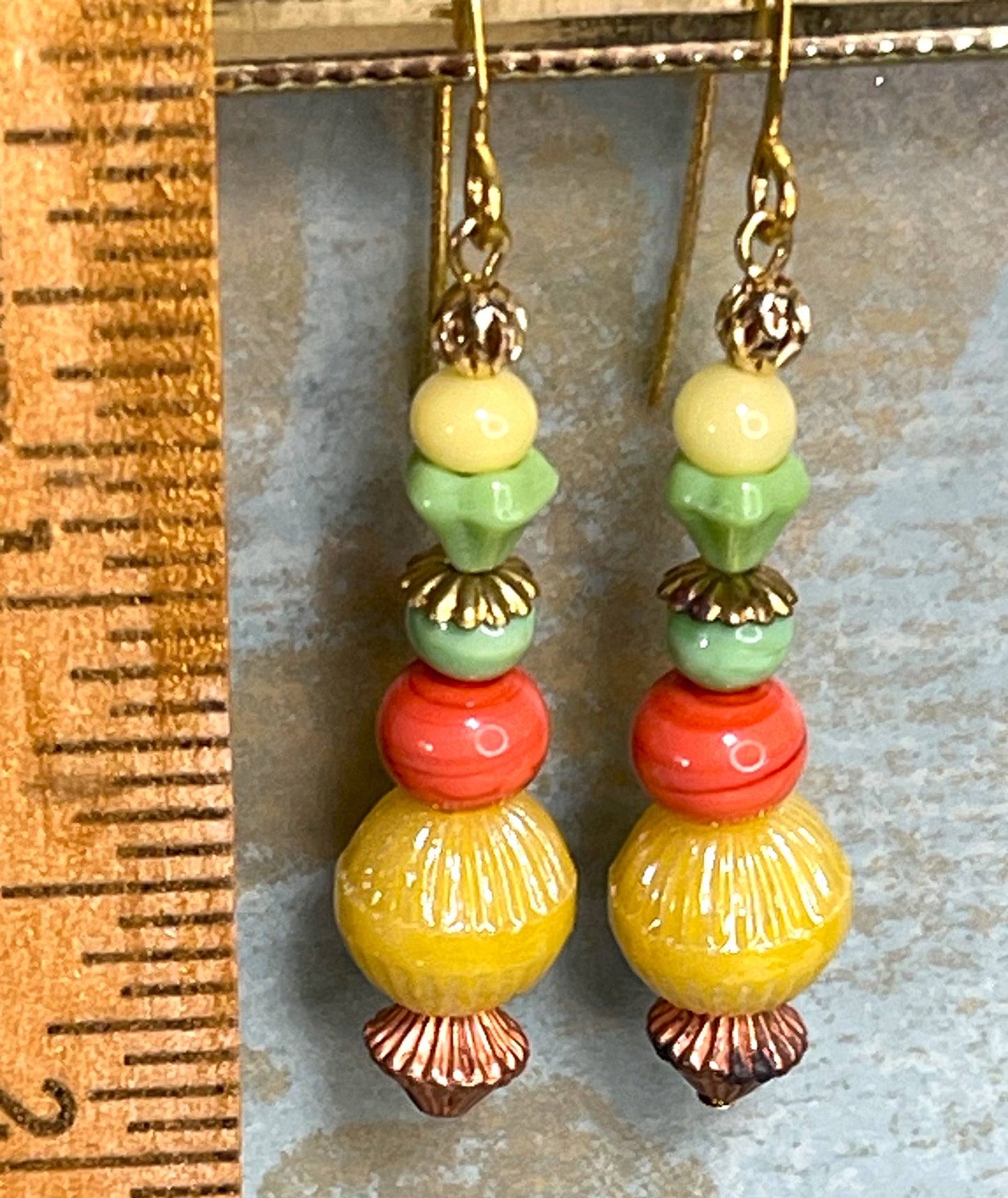 Lovely Golden Yellow, Coral, and Green Czech Glass Earrings. Hypoallergenic French Earring Hooks, Gold Plated Wire.