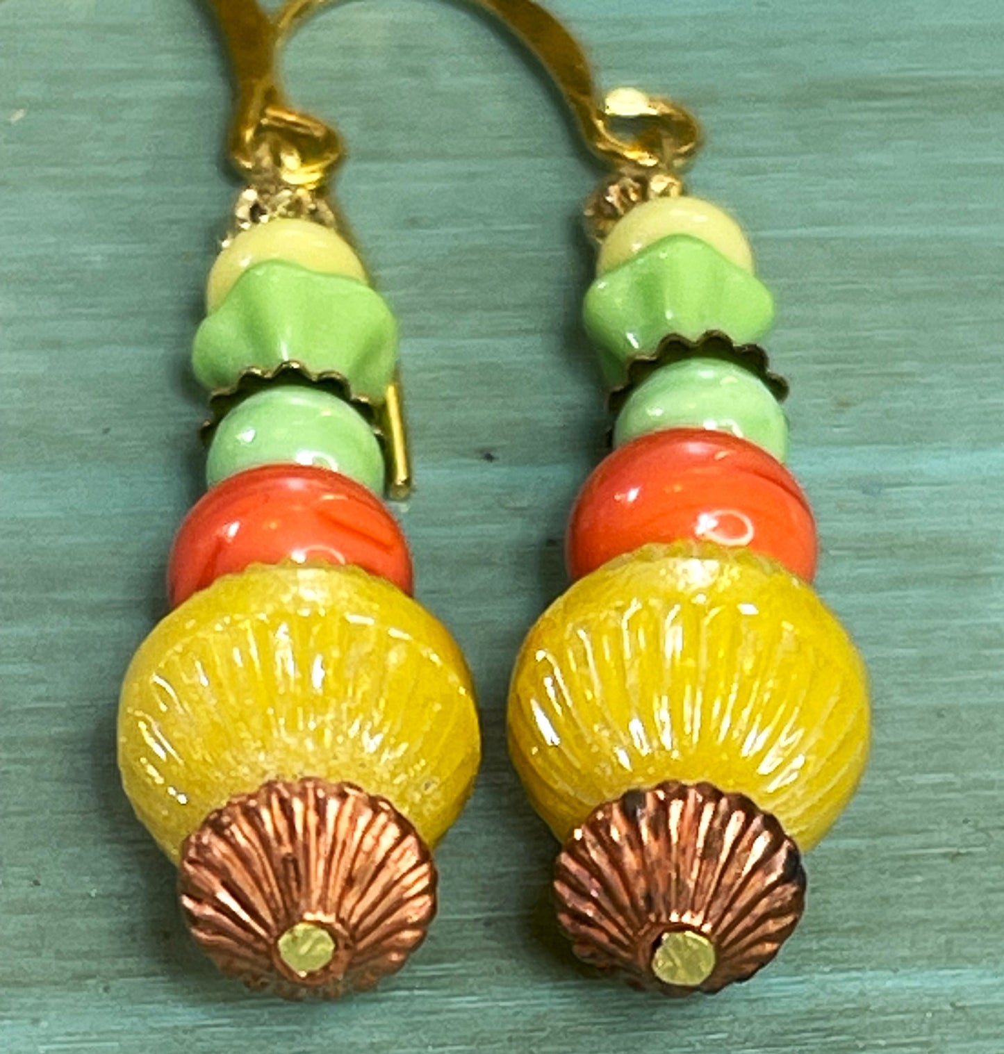 Lovely Golden Yellow, Coral, and Green Czech Glass Earrings. Hypoallergenic French Earring Hooks, Gold Plated Wire.