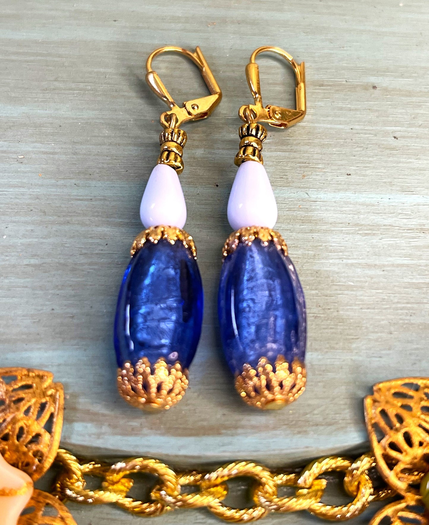 Vintage Indian Blue Glass Beads with light Blue Miriam Haskell light Blue Beads. Hypoallergenic French Earring Hooks, Gold Plated Wire.
