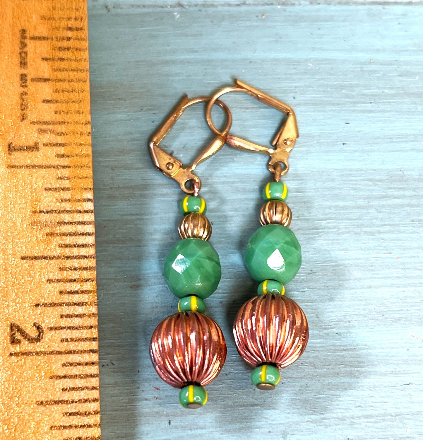 Green Cherry Brand Glass and Vintage Copper Metal. One Age Spot on Copper. Hypoallergenic French Earring Hooks, Gold Plated Wire.