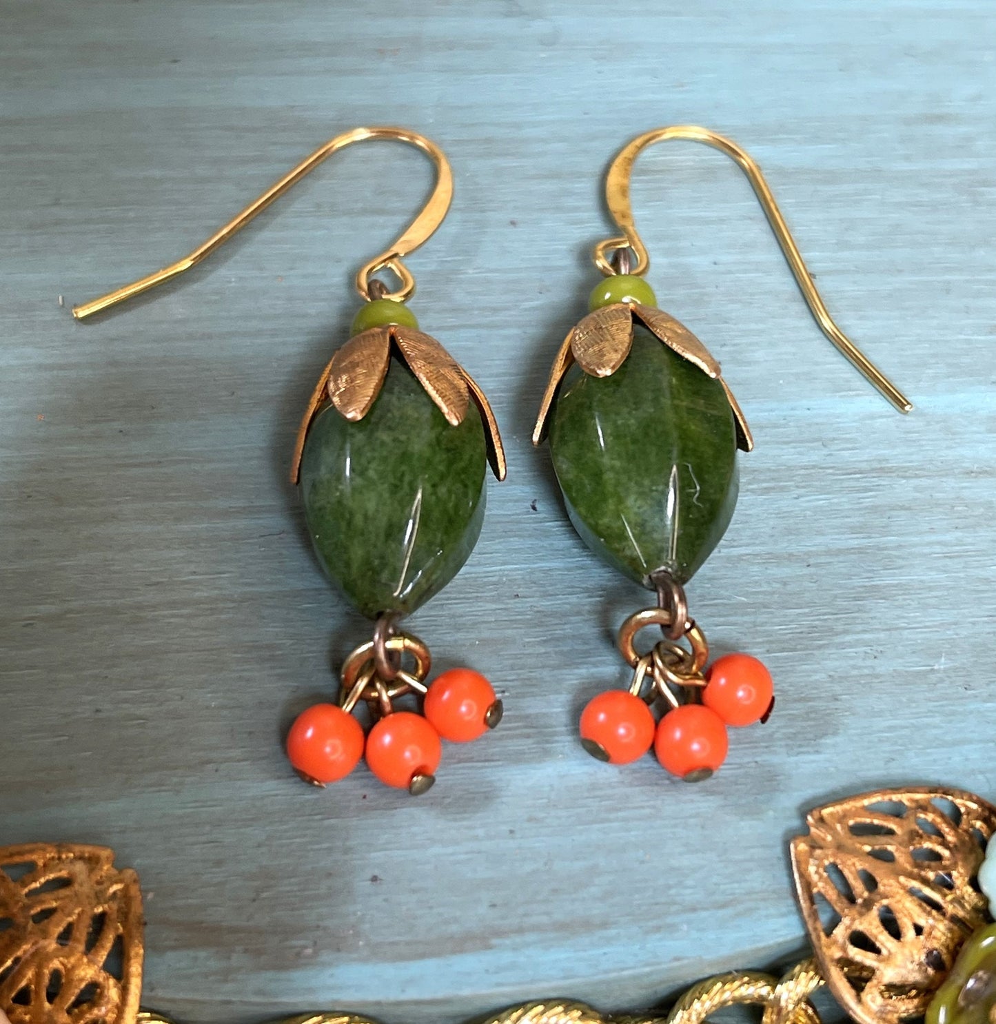 Green Moss Agate Hand-Made Earrings with Vintage Beads. Hypoallergenic French Earring Hooks, Gold Plated Wire.