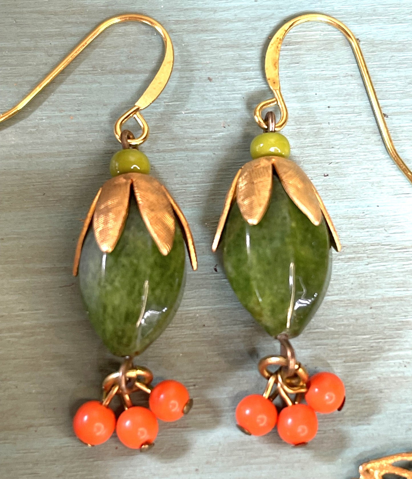 Green Moss Agate Hand-Made Earrings with Vintage Beads. Hypoallergenic French Earring Hooks, Gold Plated Wire.