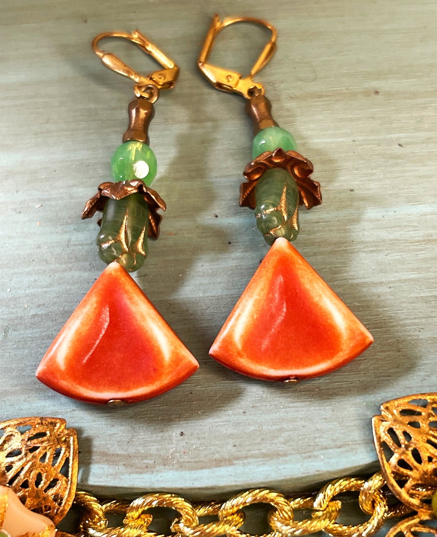 Terracotta Drop Beads With Green Czech Glass and Copper Color Bead Caps. Hypoallergenic French Earring Hooks, Gold Plated Wire.