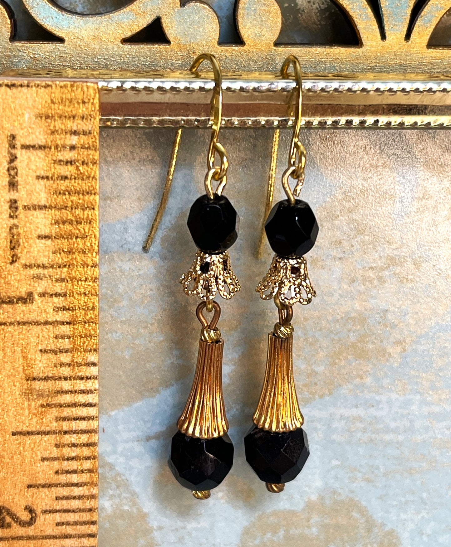 Vintage Earrings, Black Czech Glass with Gold Metal. Hypoallergenic French Earring Hooks, Gold Plated Wire.