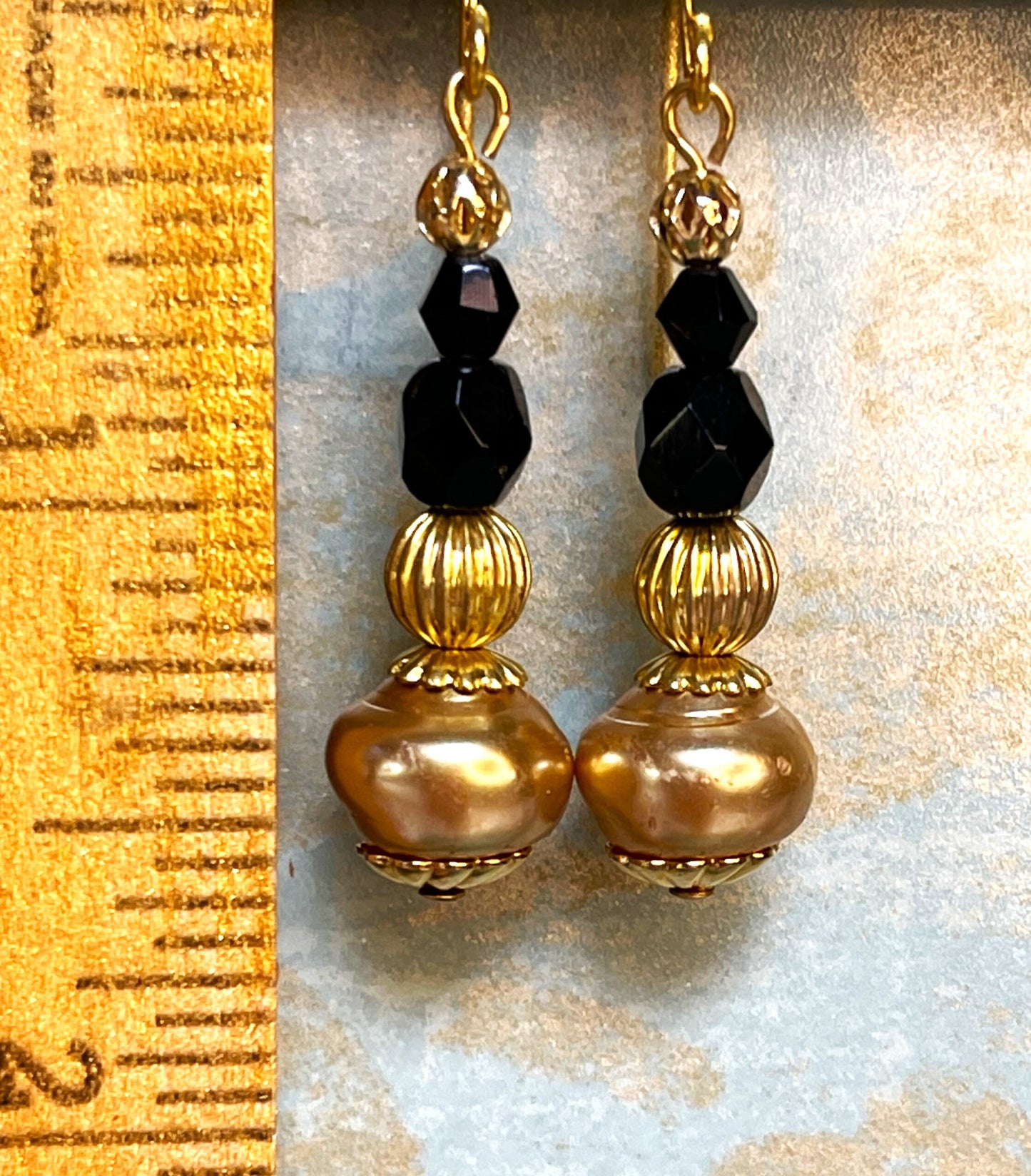 Black Czech Glass with Vintage Champagne Glass Pearls, Gold plate Metal.l. Hypoallergenic French Earring Hooks, Gold Plated Wire.