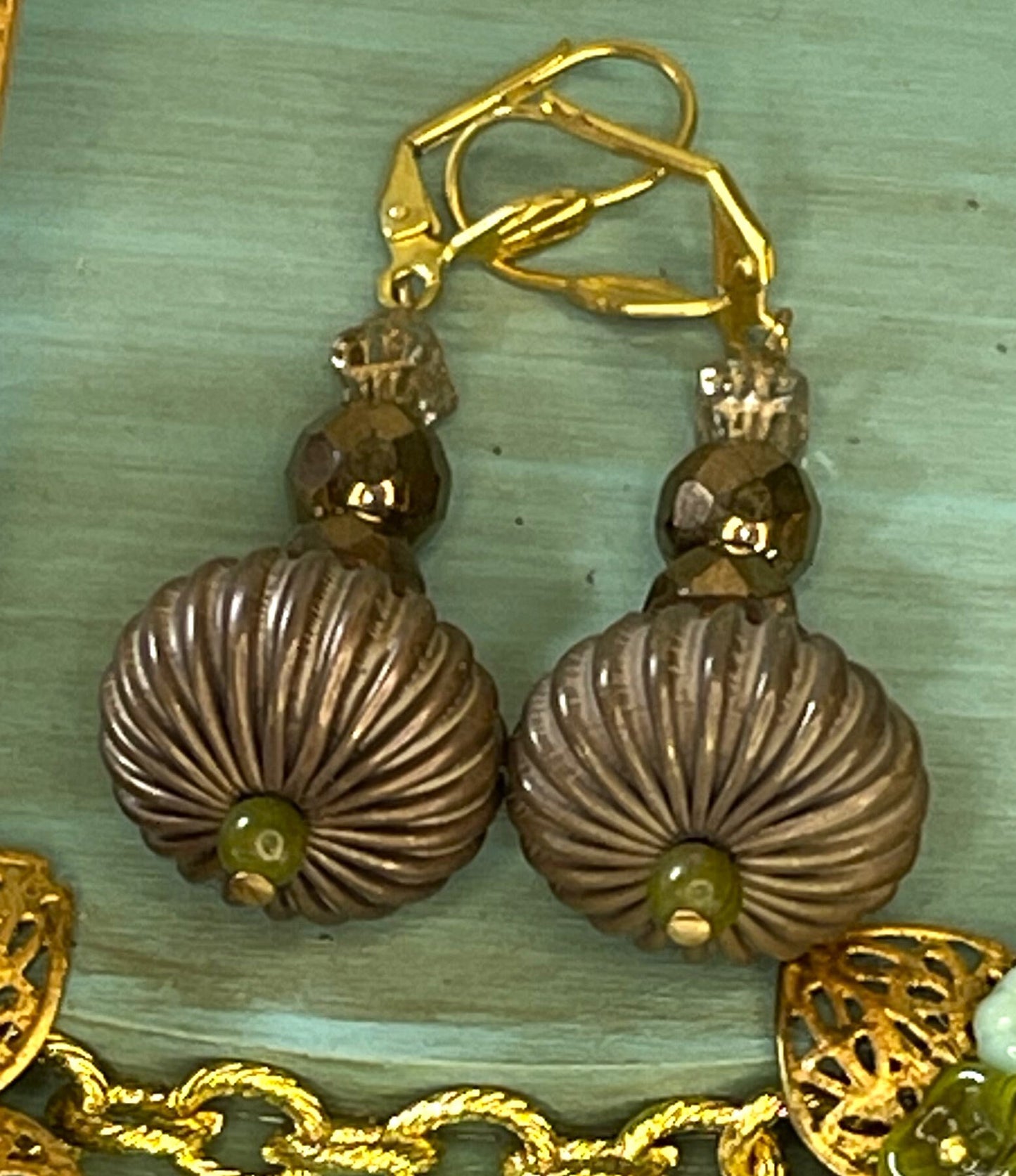 Bronze Glass Beads and Corrugated Melon Metal from the 1960s . Lever Back Ear Wire