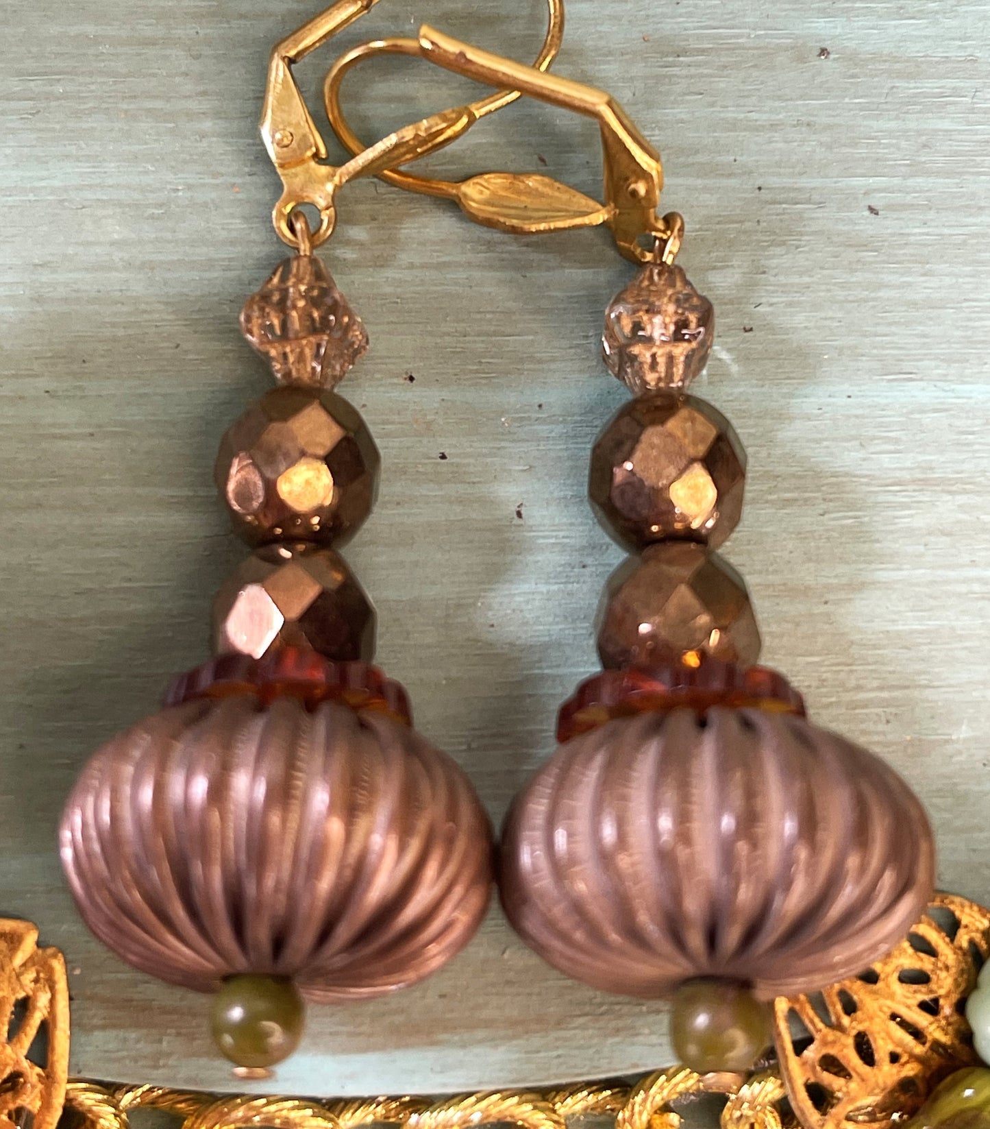 Bronze Glass Beads and Corrugated Melon Metal from the 1960s . Lever Back Ear Wire