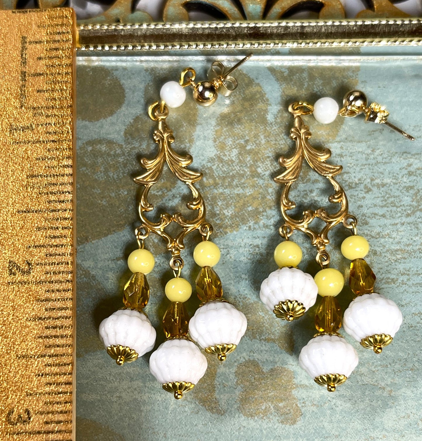 Glass Boho Earrings, 3 Glass Dangles With White and yellow Vintage German Beads . Hypoallergenic PostsBoho