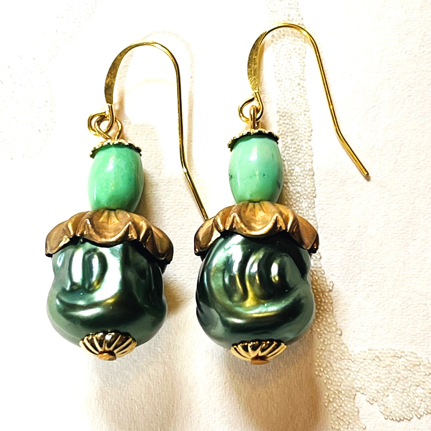 Vintage Green and Gold Earrings. Made With Rare Brass Bead Caps and Japanese Glass. Hypoallergenic French Earring Hooks, Gold Plated Wire