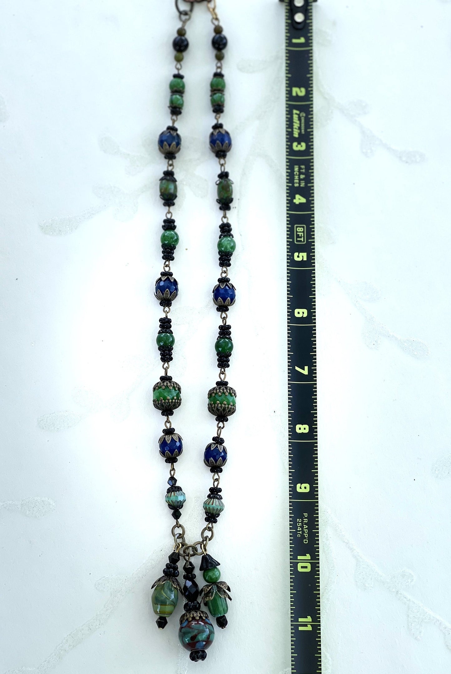 Hand-Made Boho Necklace With Vintage Dark Cobalt Blue and Green Beads.