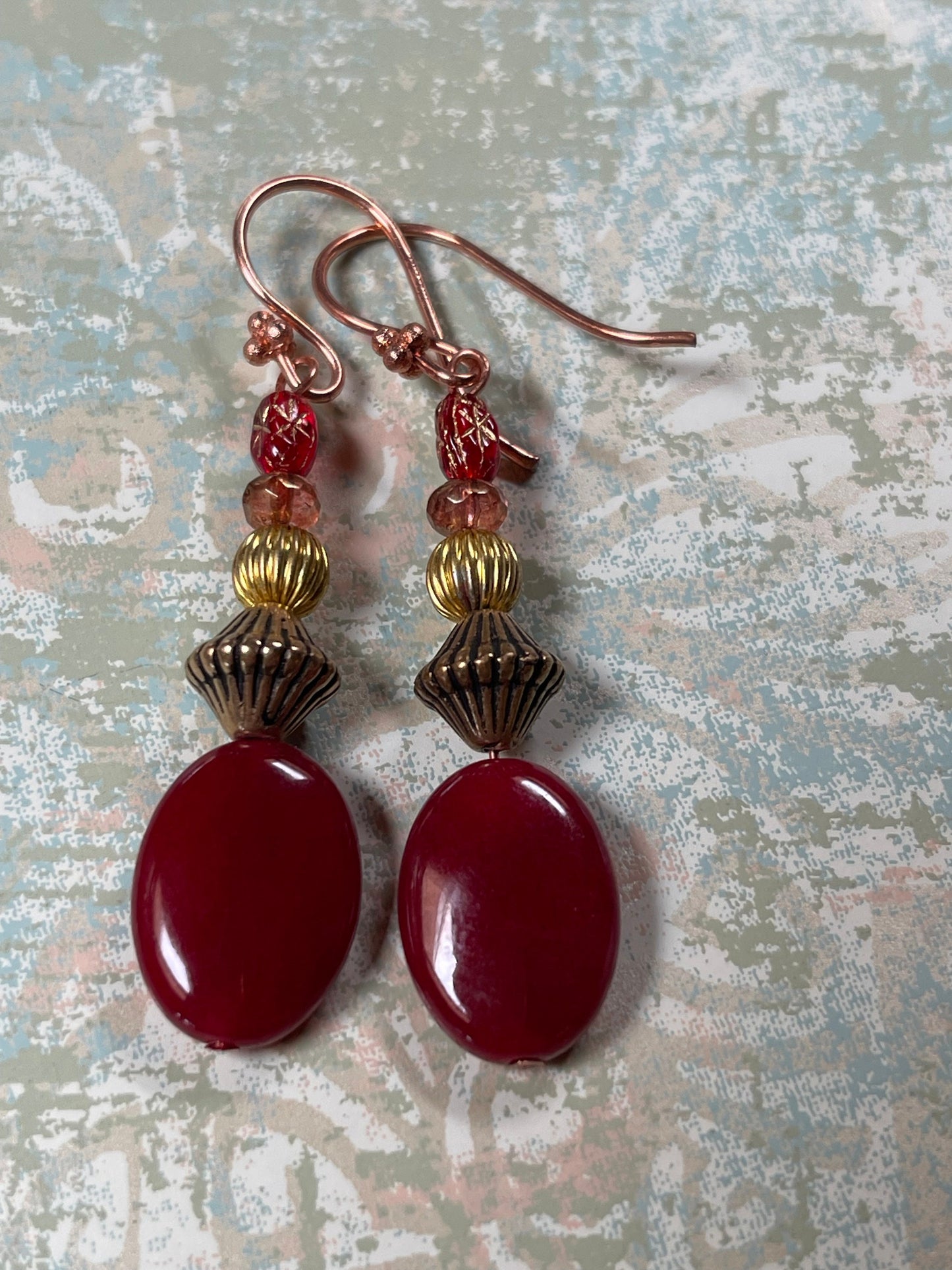 Carnelian Earrings, Small Vintage Red Star Beads, Hypoallergenic French Earring Hooks, Gold Plated Wire.