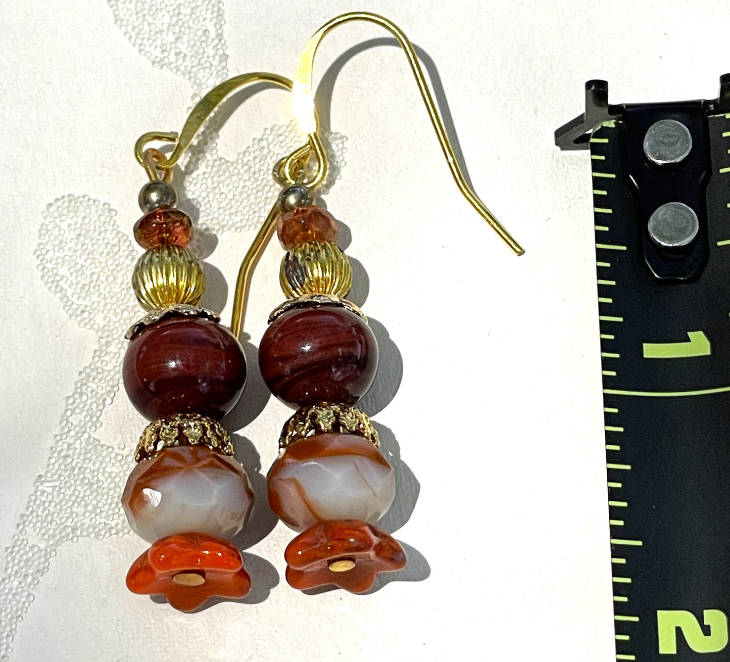 Warm Orange, Gold and Brown Glass earrings. Hypoallergenic French Earring Hooks, Gold Plated Wire.