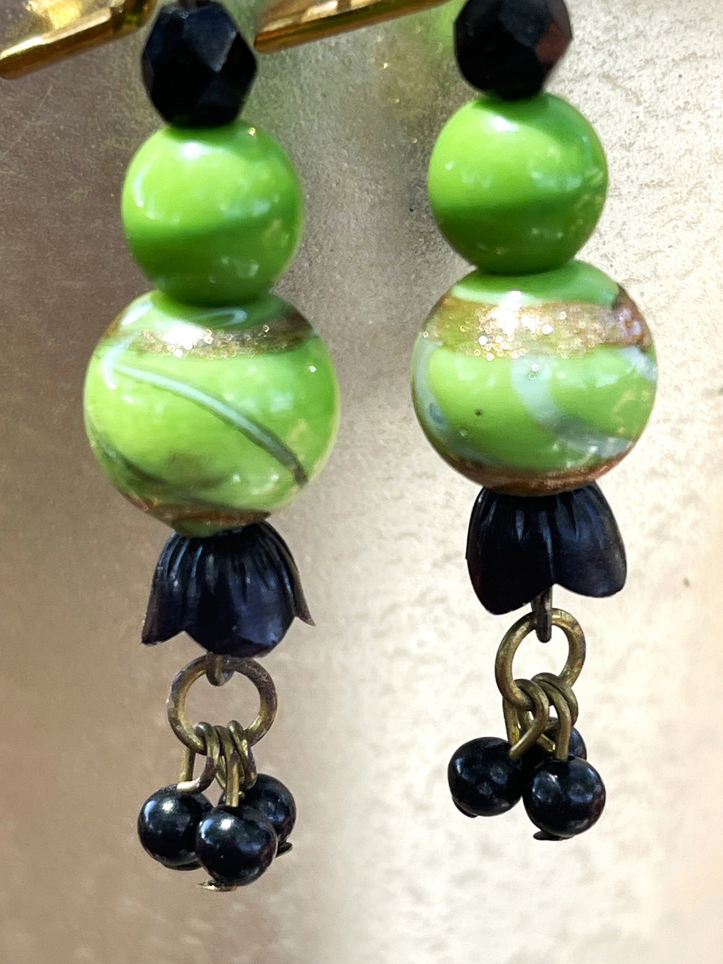 Glass vintage Earrings, Green Glass, and gold swirls. Hypoallergenic French Earring Hooks Gold Plated Brass