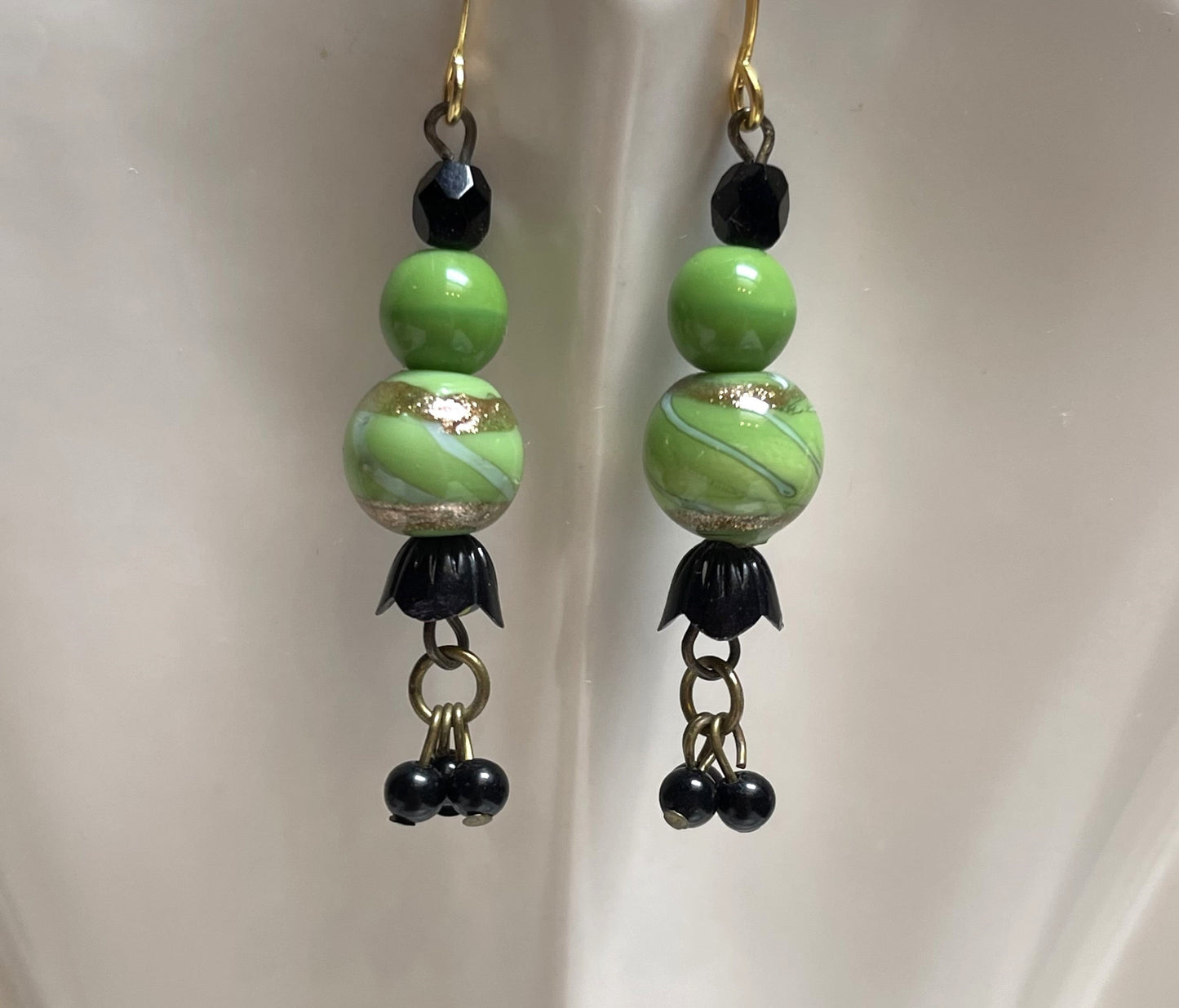 Glass vintage Earrings, Green Glass, and gold swirls. Hypoallergenic French Earring Hooks Gold Plated Brass