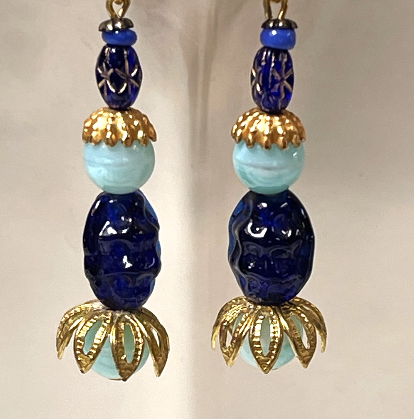 Cobalt and Robin Egg Blue Vintage Glass Earrings. With Tiny vintage Glass Star Glass. Hypoallergenic French Earring Hooks, Gold Plated Wire.
