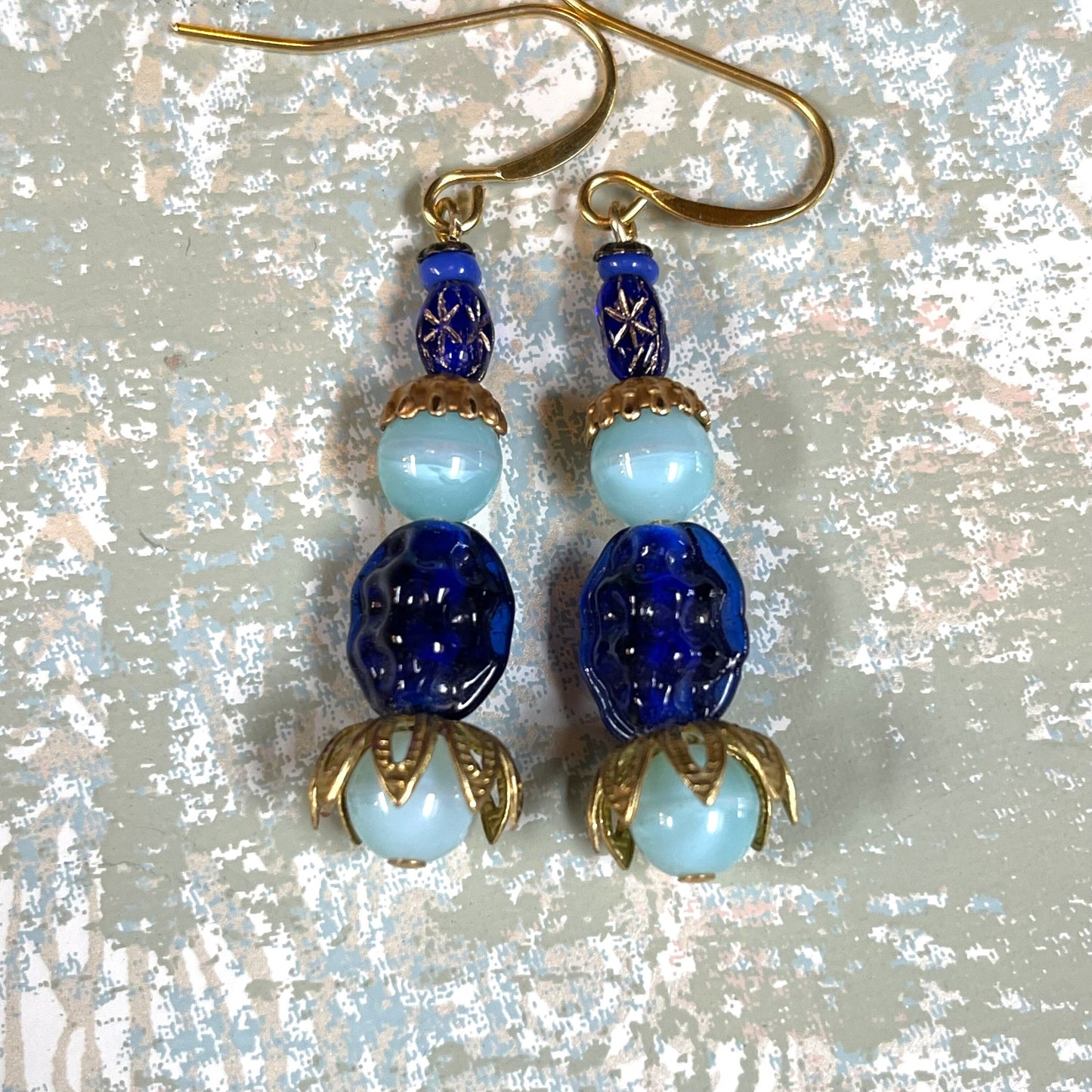 Cobalt and Robin Egg Blue Vintage Glass Earrings. With Tiny vintage Glass Star Glass. Hypoallergenic French Earring Hooks, Gold Plated Wire.
