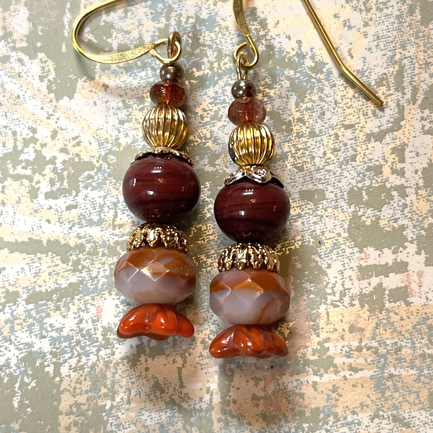Warm Orange, Gold and Brown Glass earrings. Hypoallergenic French Earring Hooks, Gold Plated Wire.