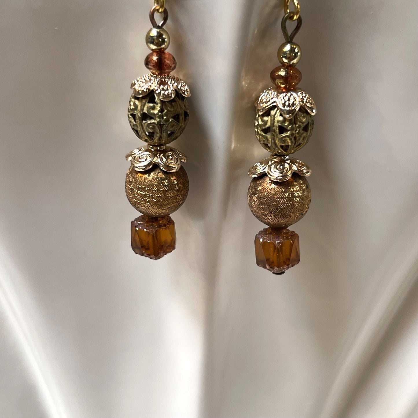 Bronze Colored Filigree and GoldenTextured Brass Earrings, Hypoallergenic French Earring Hooks, Gold Plated Wire Metal