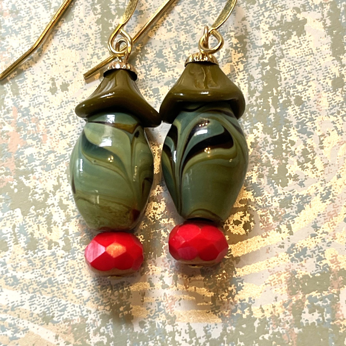 1960's Japanese Olive, Black Swilrl Bead, and Red Glass Drop Beads, Hypoallergenic French Earring Hooks Gold Plated Brass.